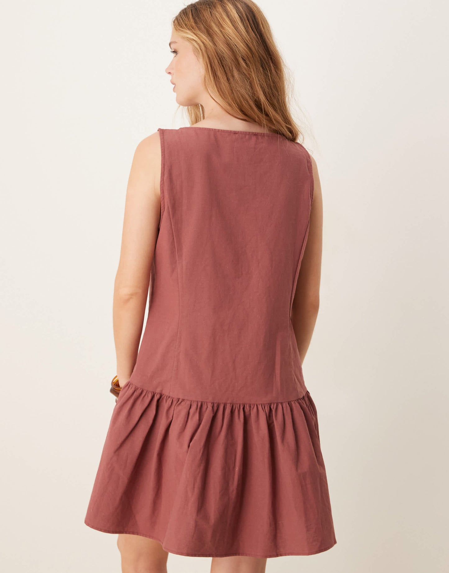 ASOS DESIGN button down dropped waist mini dress with straight neck in washed burgundy