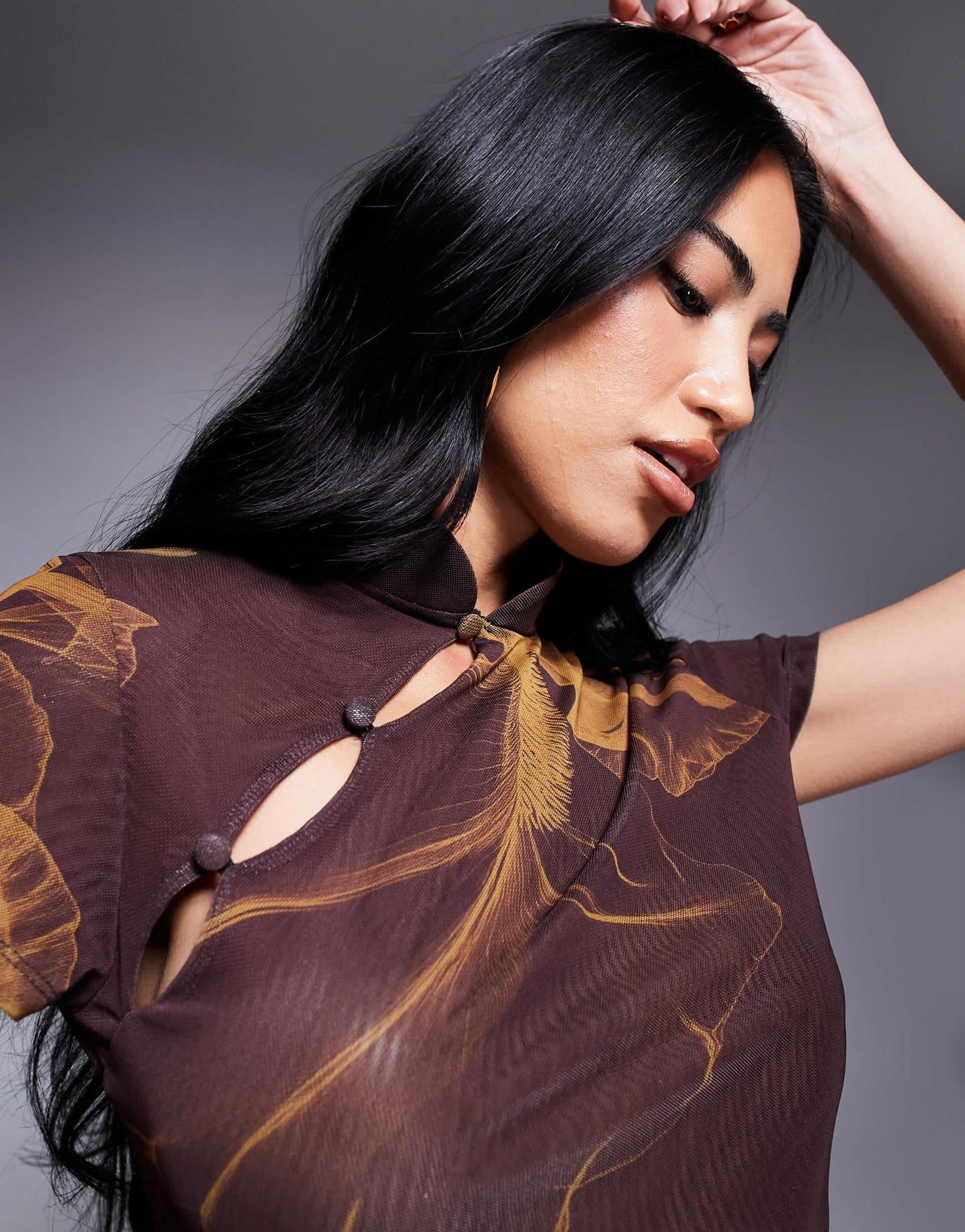 ASOS DESIGN mesh short sleeve top with rouleau loop buttons detail in brown floral print