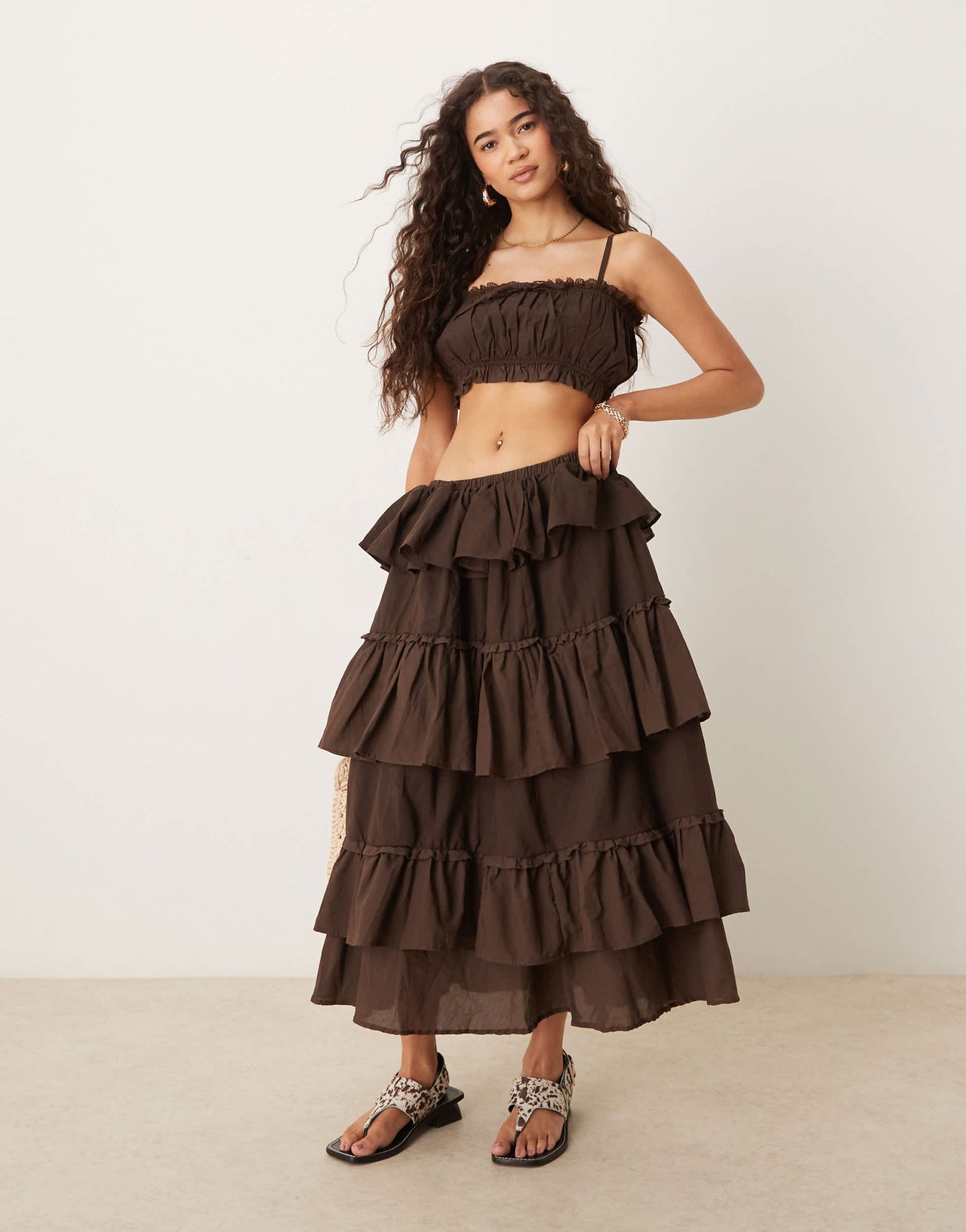 ASOS DESIGN cotton ruffle prairie crop top in chocolate co ord