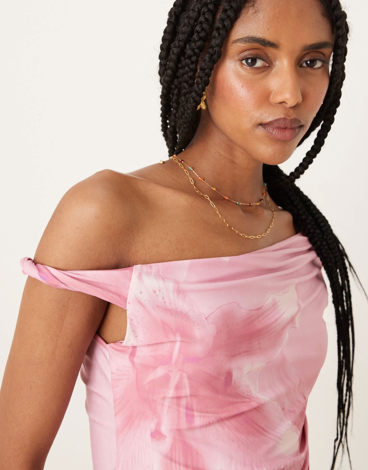 ASOS DESIGN co-ord slinky twist off shoulder top in oversized floral print