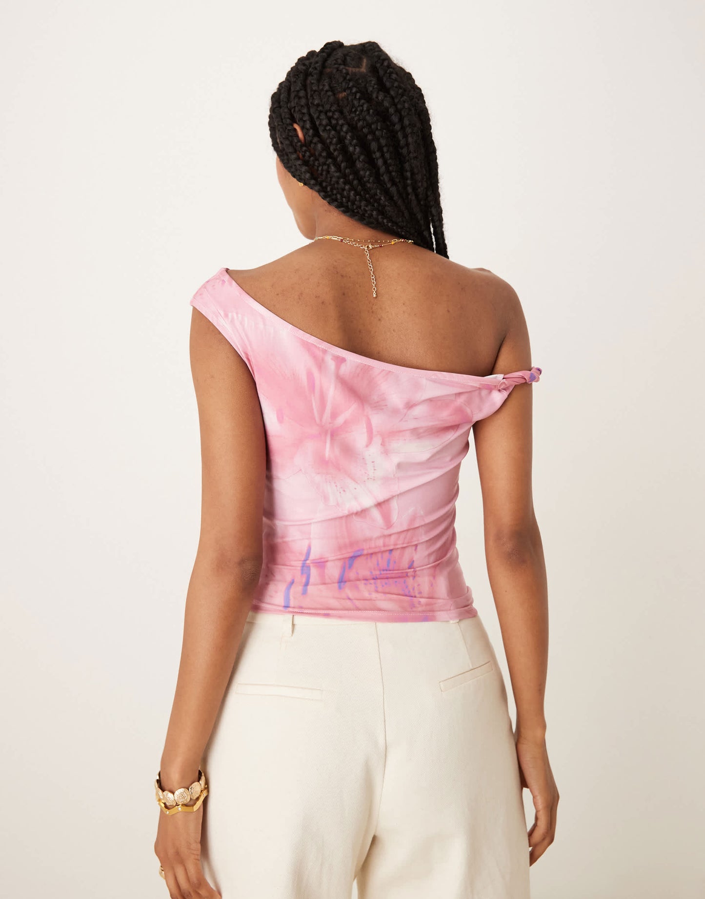 ASOS DESIGN co-ord slinky twist off shoulder top in oversized floral print