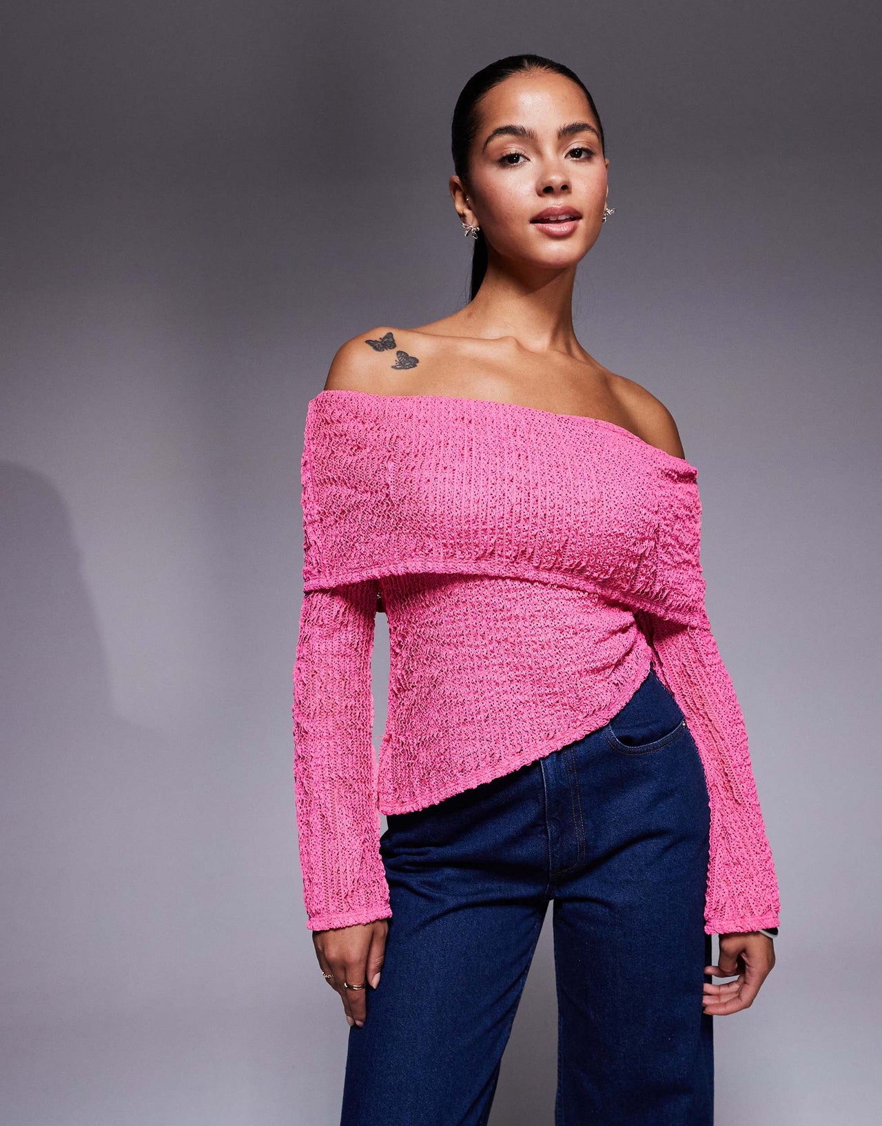 ASOS DESIGN crochet semi sheer bardot top with asymmetric hem in bright pink