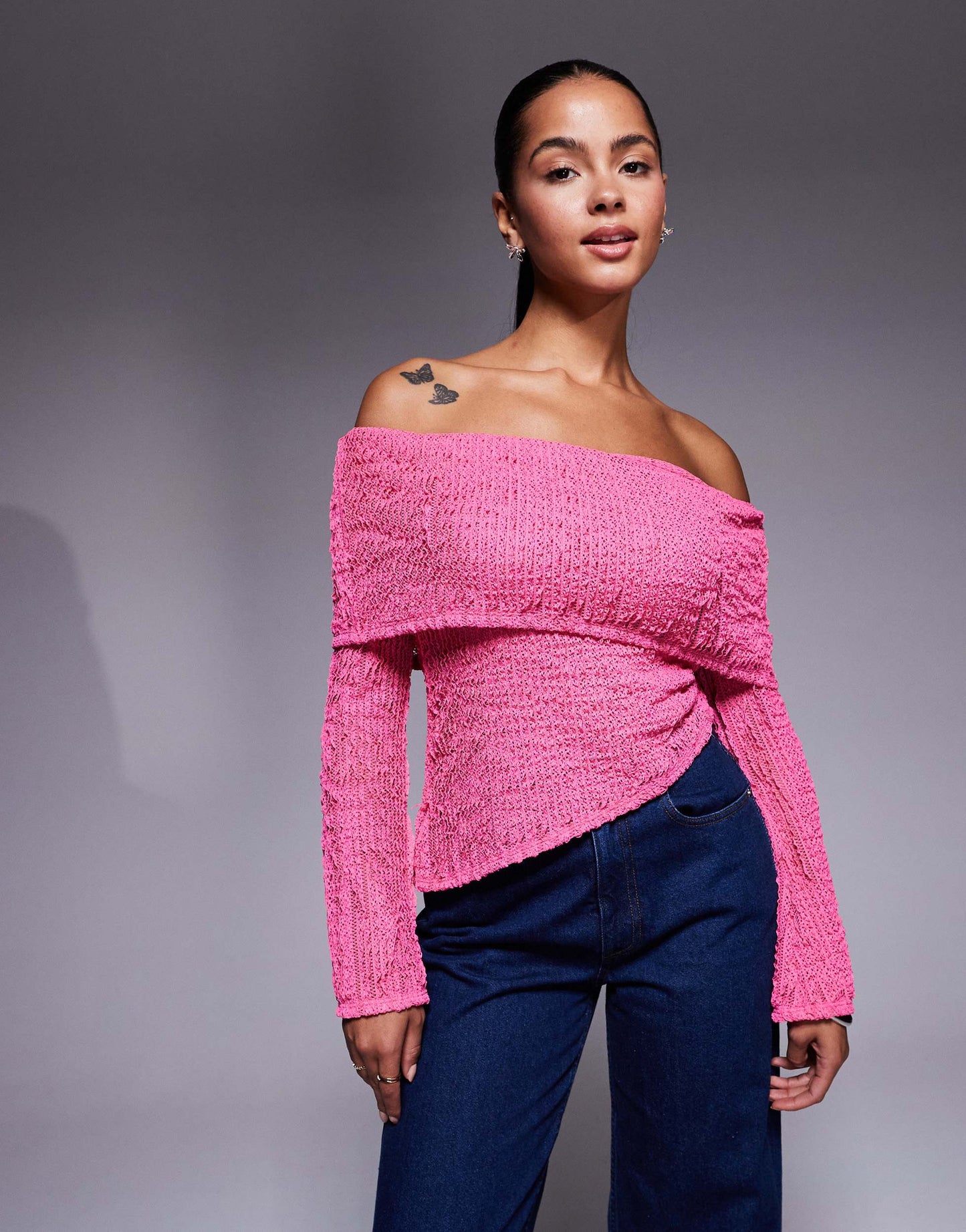 ASOS DESIGN crochet semi sheer bardot top with asymmetric hem in bright pink