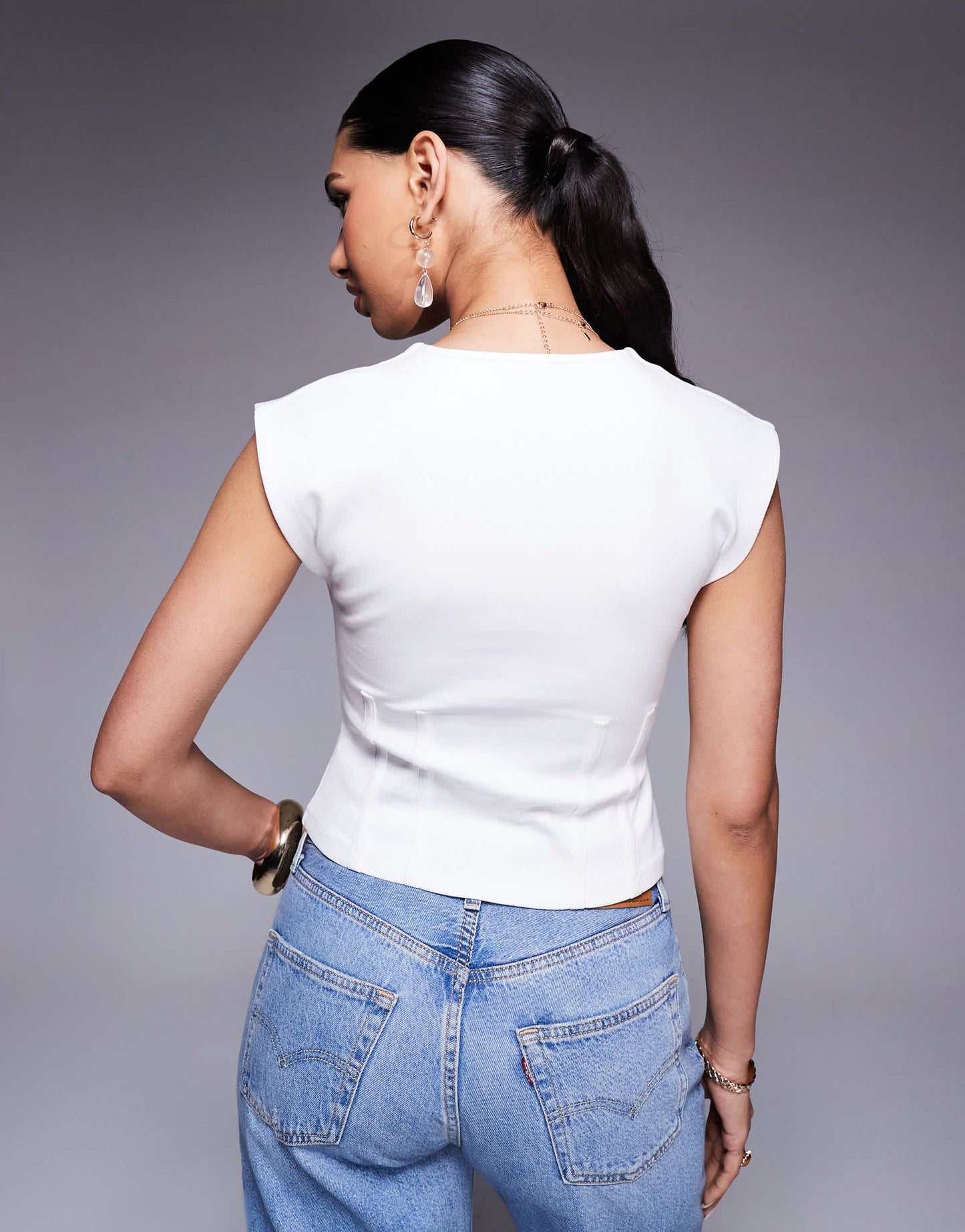 ASOS DESIGN ponte cinched pleat waist plunge neckline top in ivory