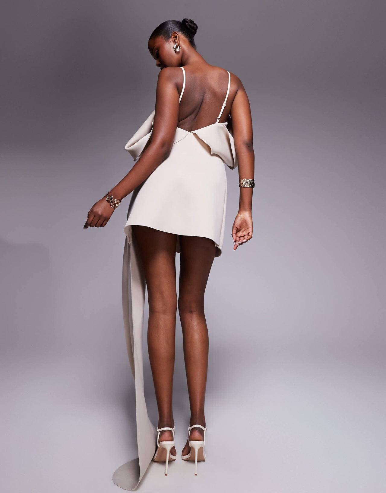 ASOS DESIGN minimal fan detail mini dress with train in stone