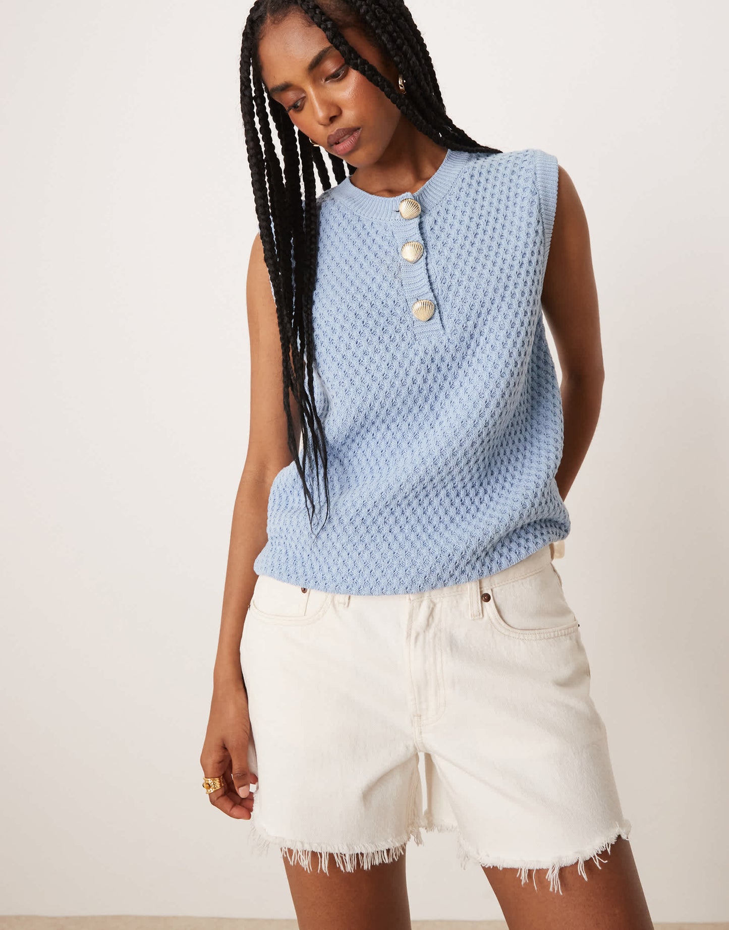 ASOS DESIGN mock crocket tank with shell buttons in blue