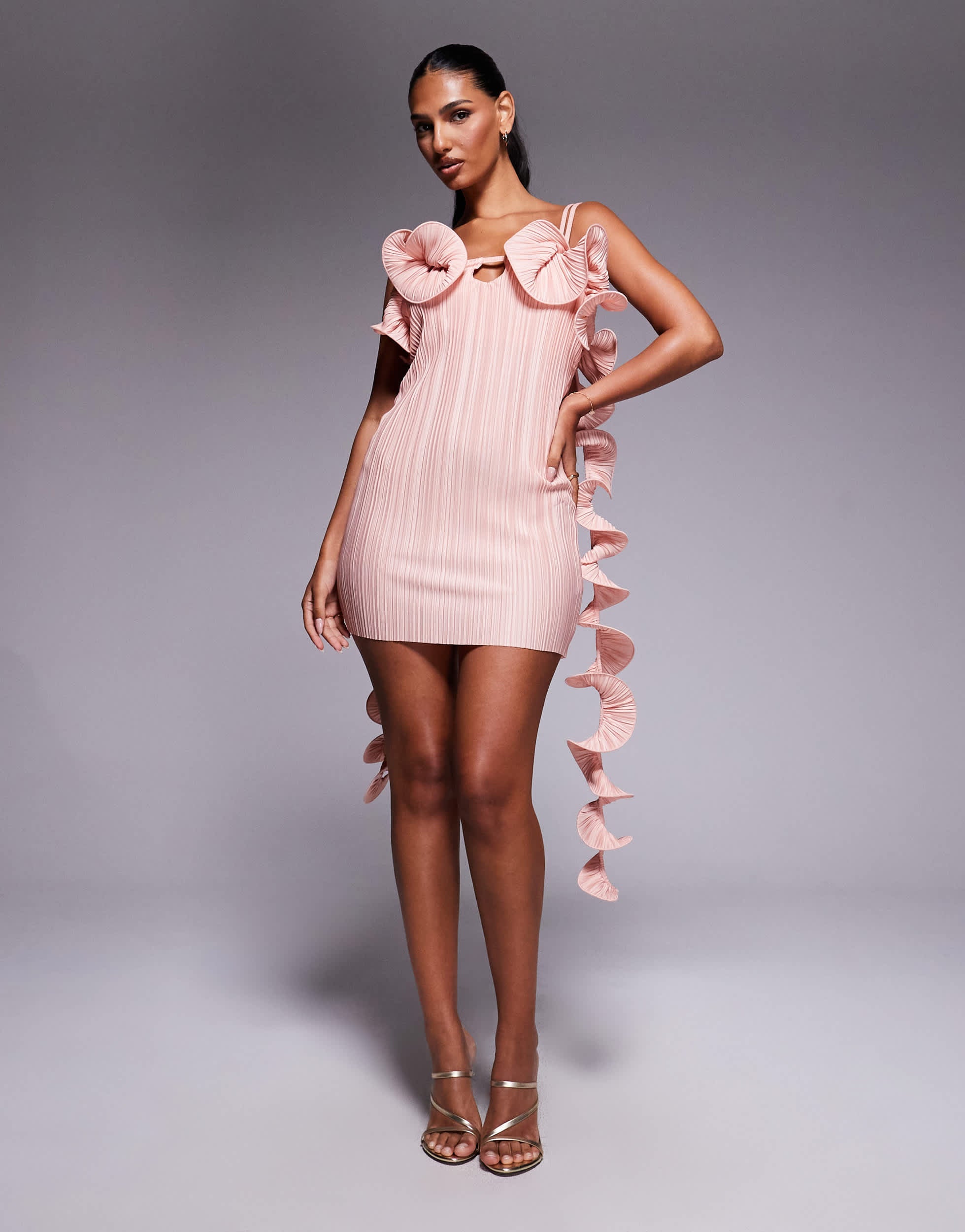 ASOS DESIGN double cami strap with curly detail plisse mini dress in light pink