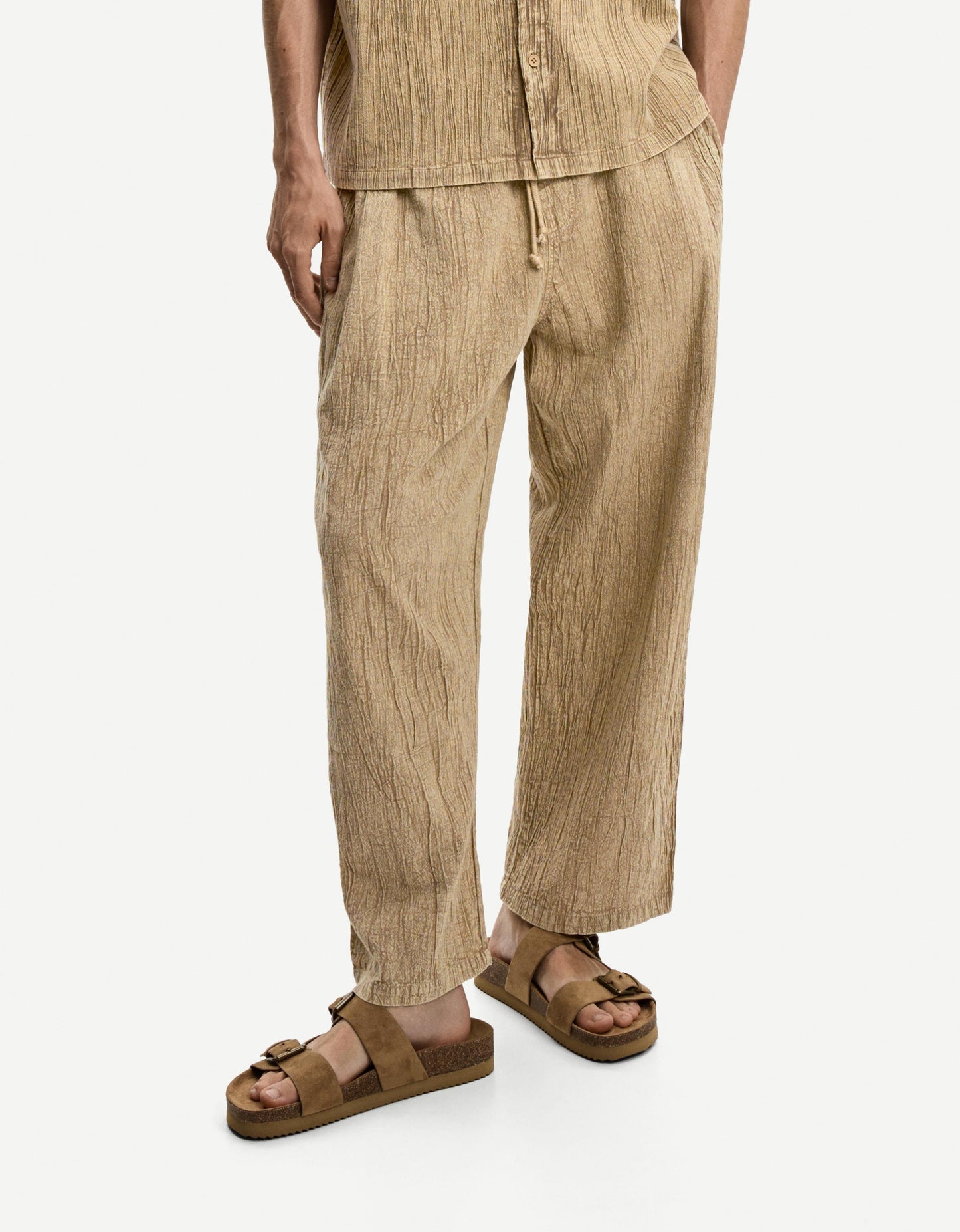 Bershka heavy plisse co-ord trouser in sand