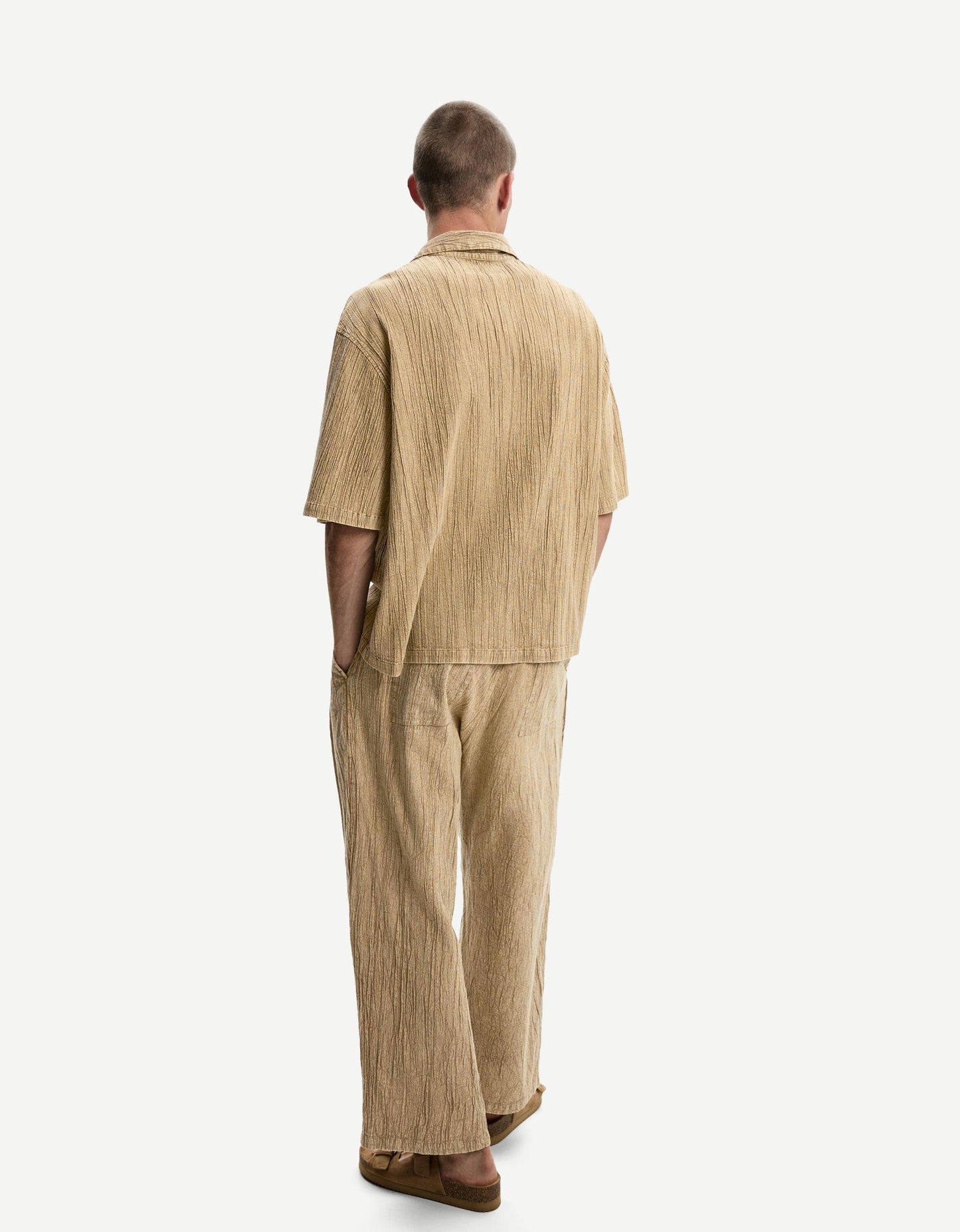 Bershka heavy plisse co-ord trouser in sand