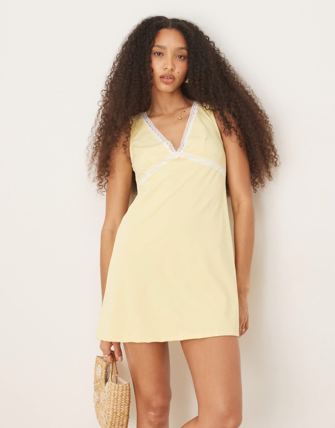 ASOS DESIGN V front lace insert mini dress in yellow