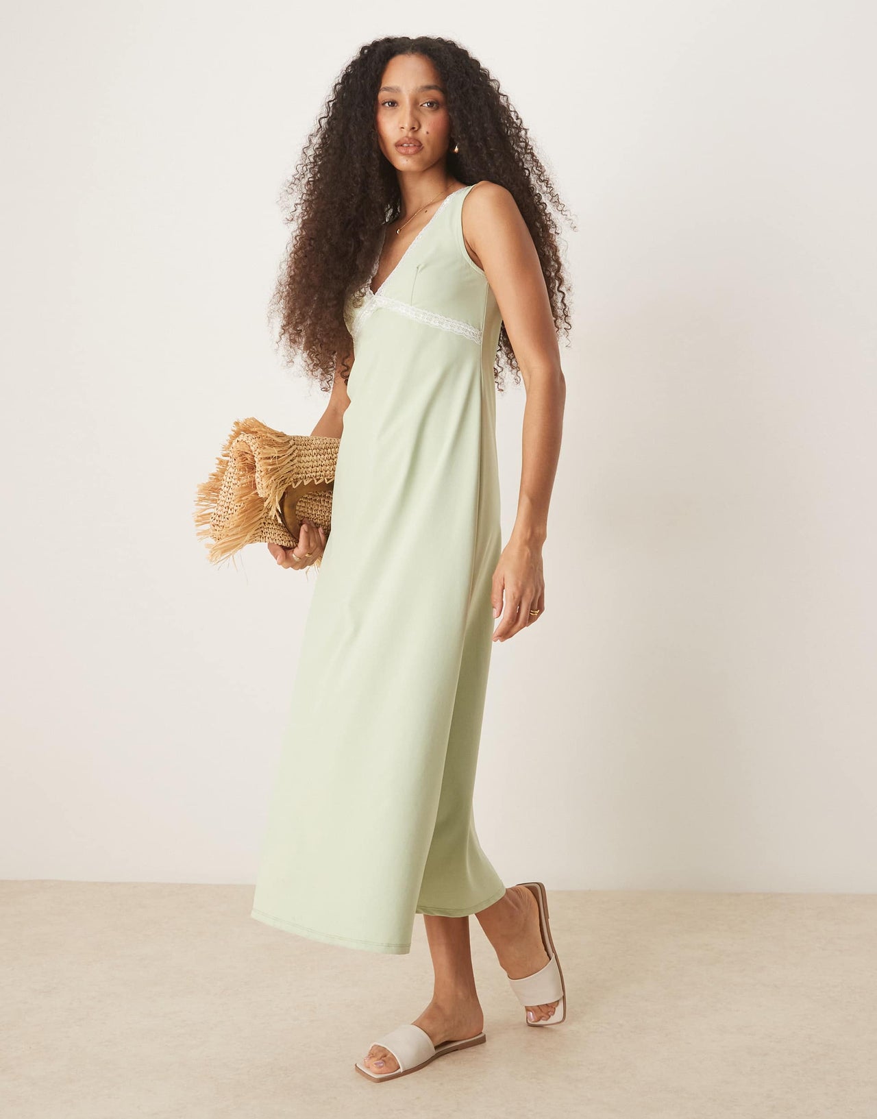ASOS DESIGN V front lace insert midi dress in sage