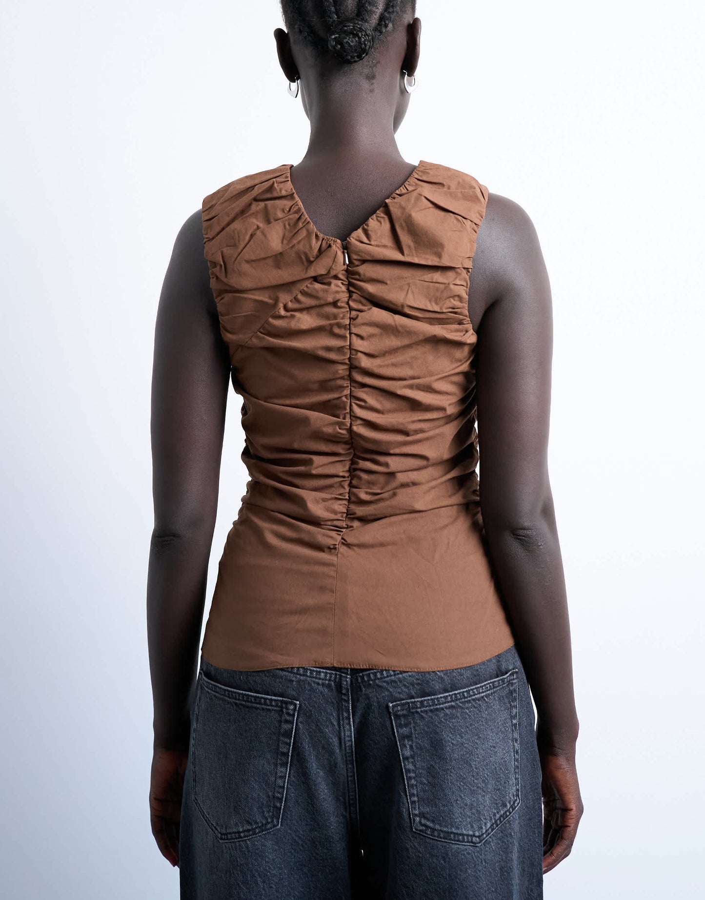 Topshop poplin ruched shell top in chocolate