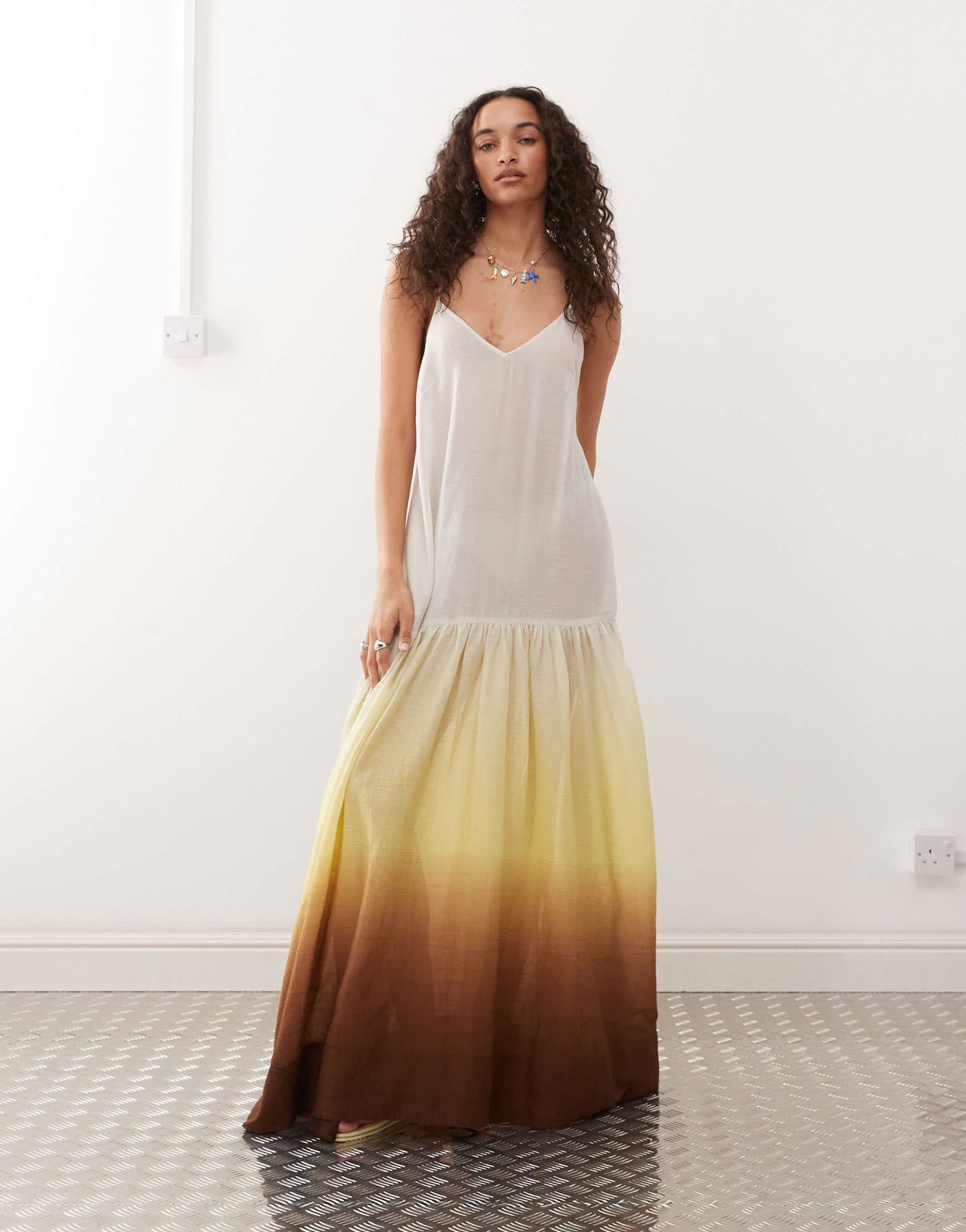 Monki crinkled tiered floaty maxi dress with low tie back detail in brown gradient print