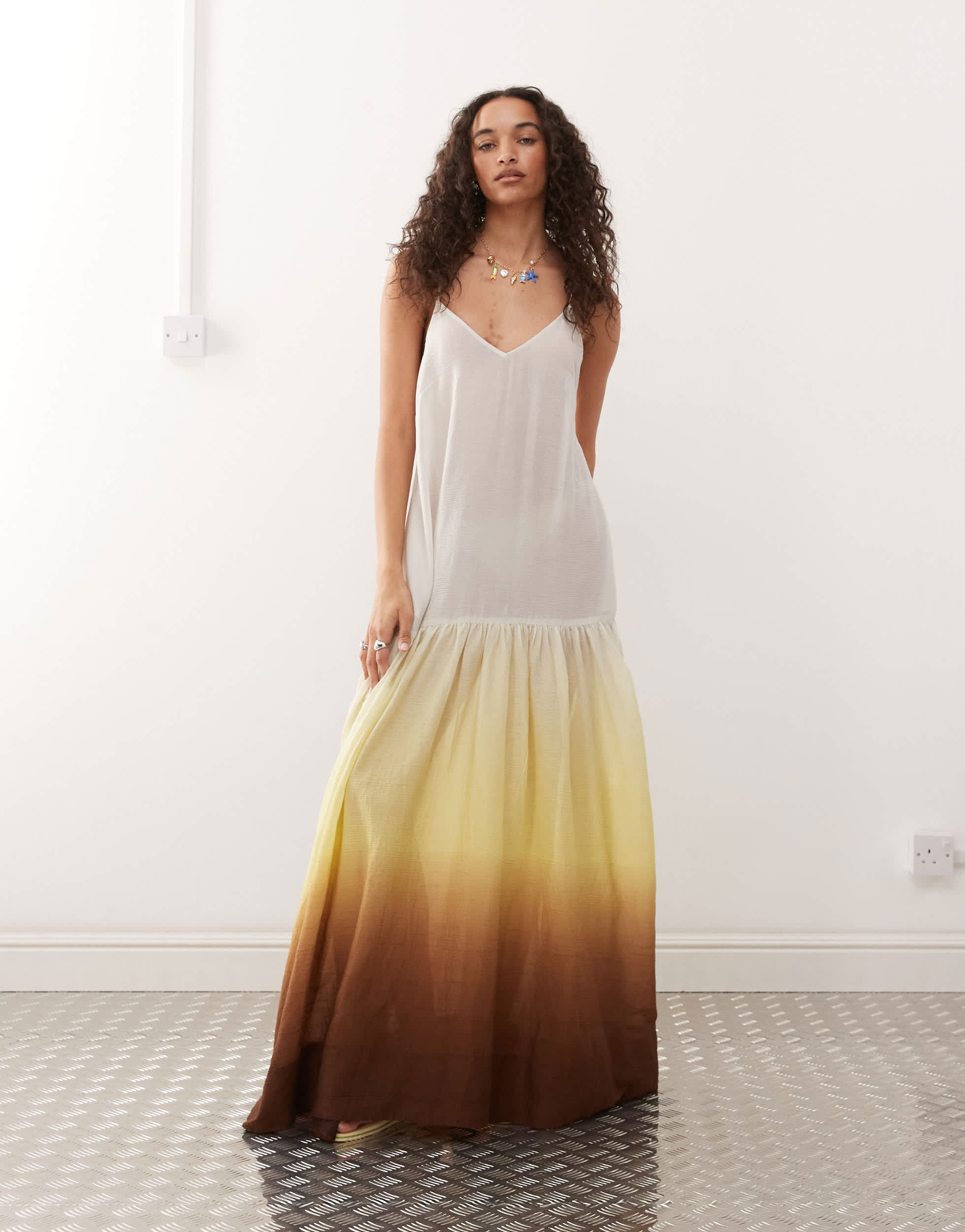 Monki crinkled tiered floaty maxi dress with low tie back detail in brown gradient print