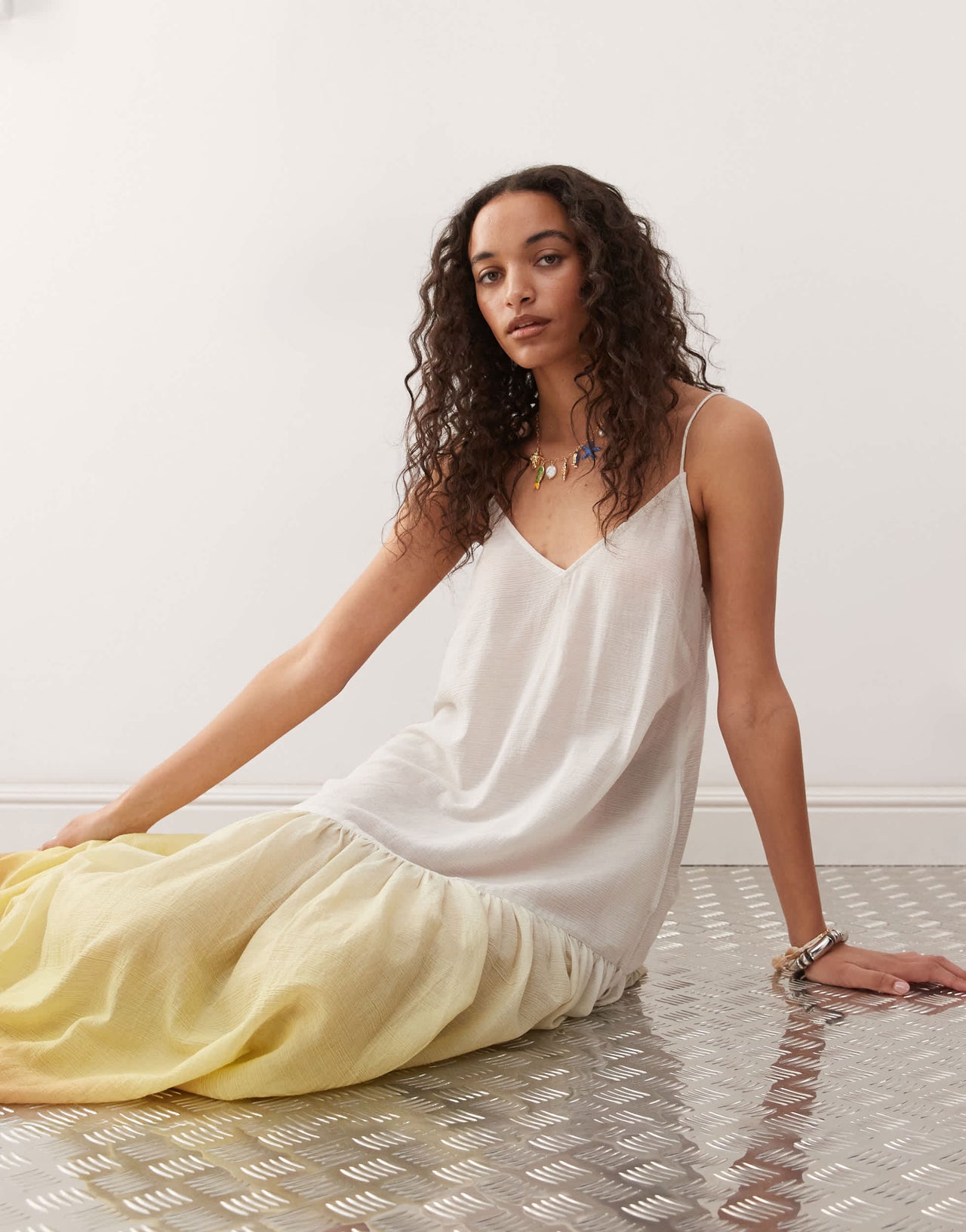 Monki crinkled tiered floaty maxi dress with low tie back detail in brown gradient print