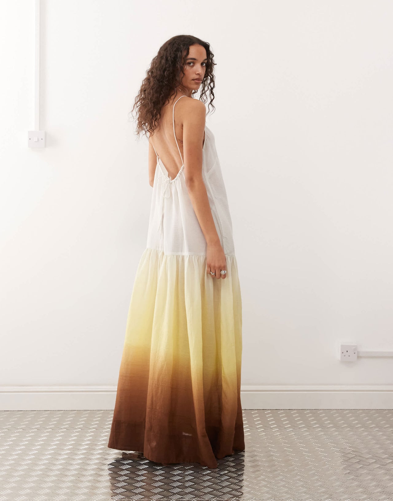 Monki crinkled tiered floaty maxi dress with low tie back detail in brown gradient print