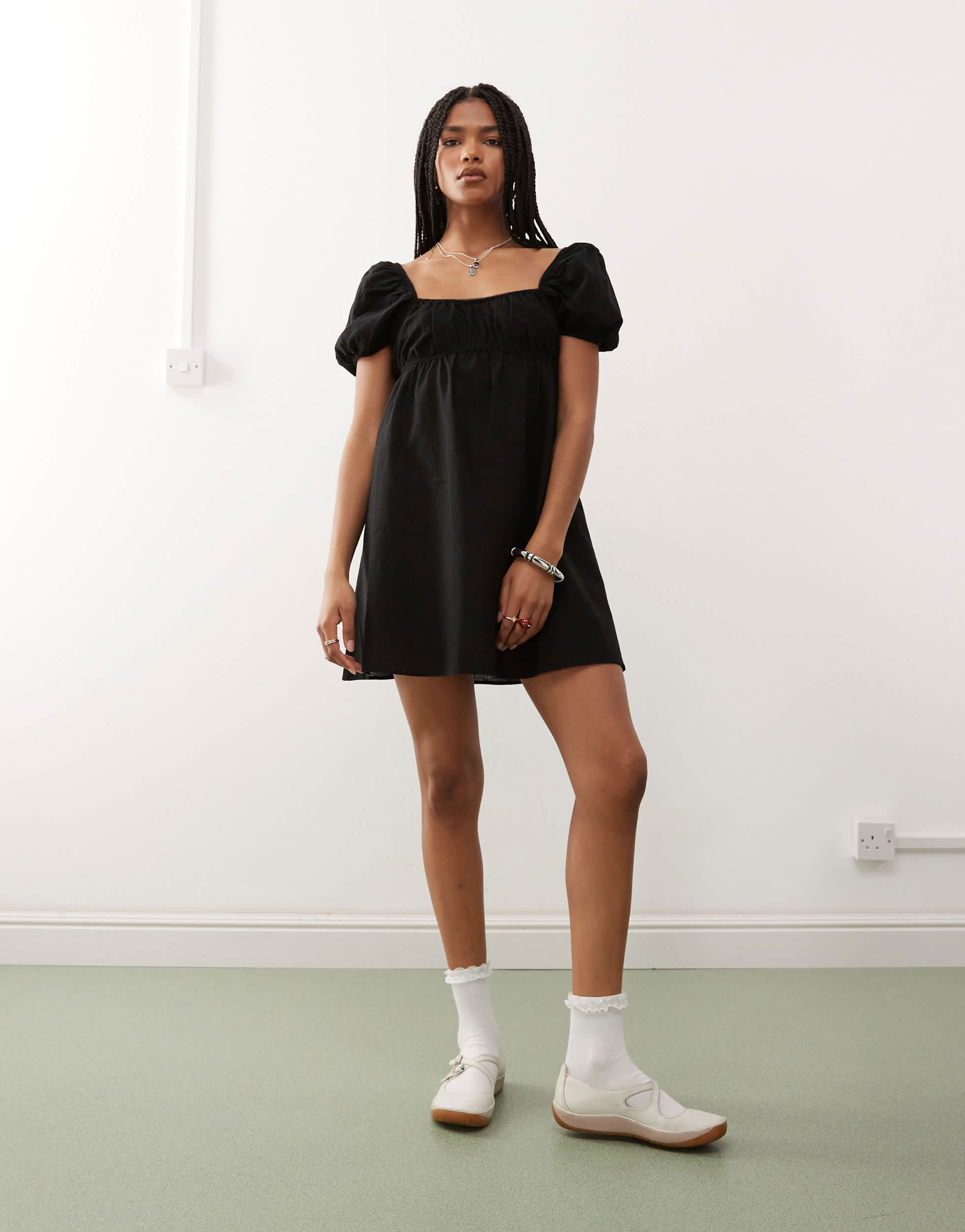 Monki linen mini dress with puff sleeves in black exclusive to ASOS
