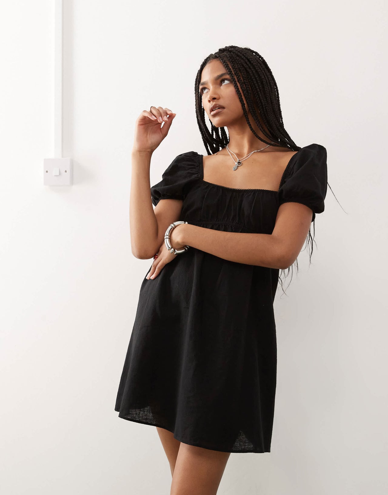 Monki linen mini dress with puff sleeves in black exclusive to ASOS