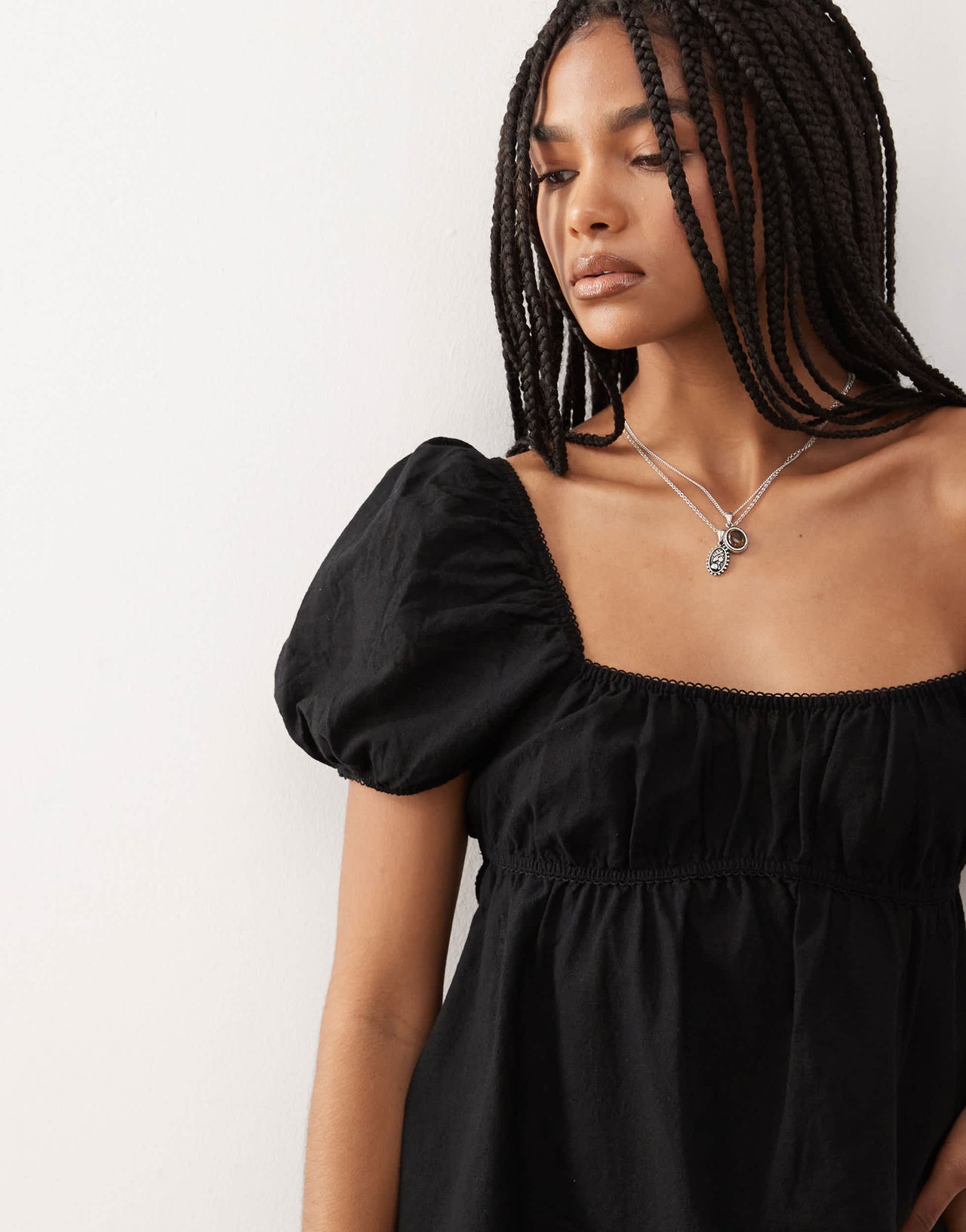 Monki linen mini dress with puff sleeves in black exclusive to ASOS