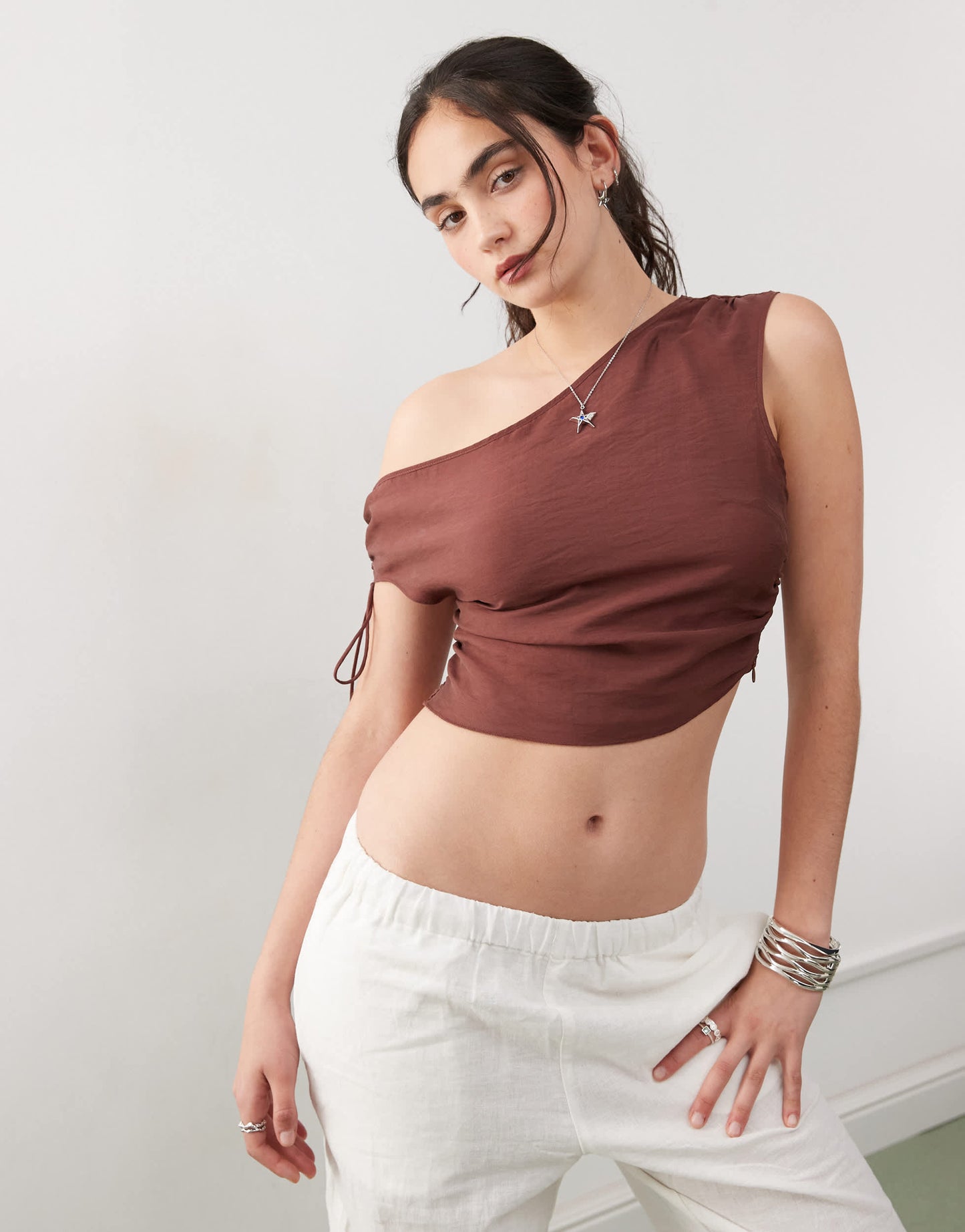 Monki one shoulder top with ruched sides and tie detail in dark brown