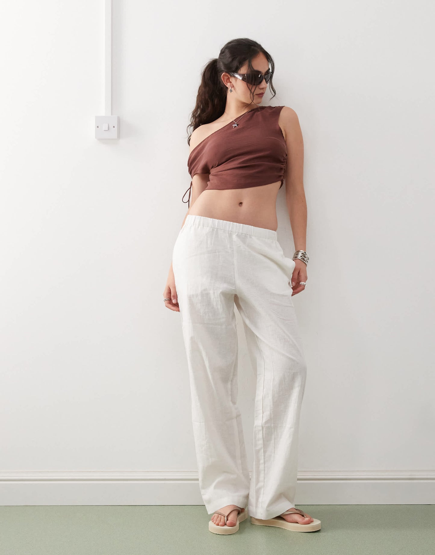 Monki one shoulder top with ruched sides and tie detail in dark brown