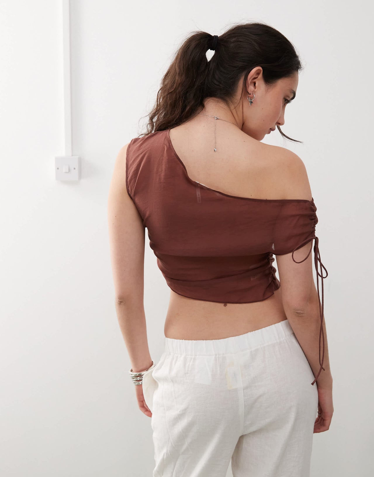 Monki one shoulder top with ruched sides and tie detail in dark brown