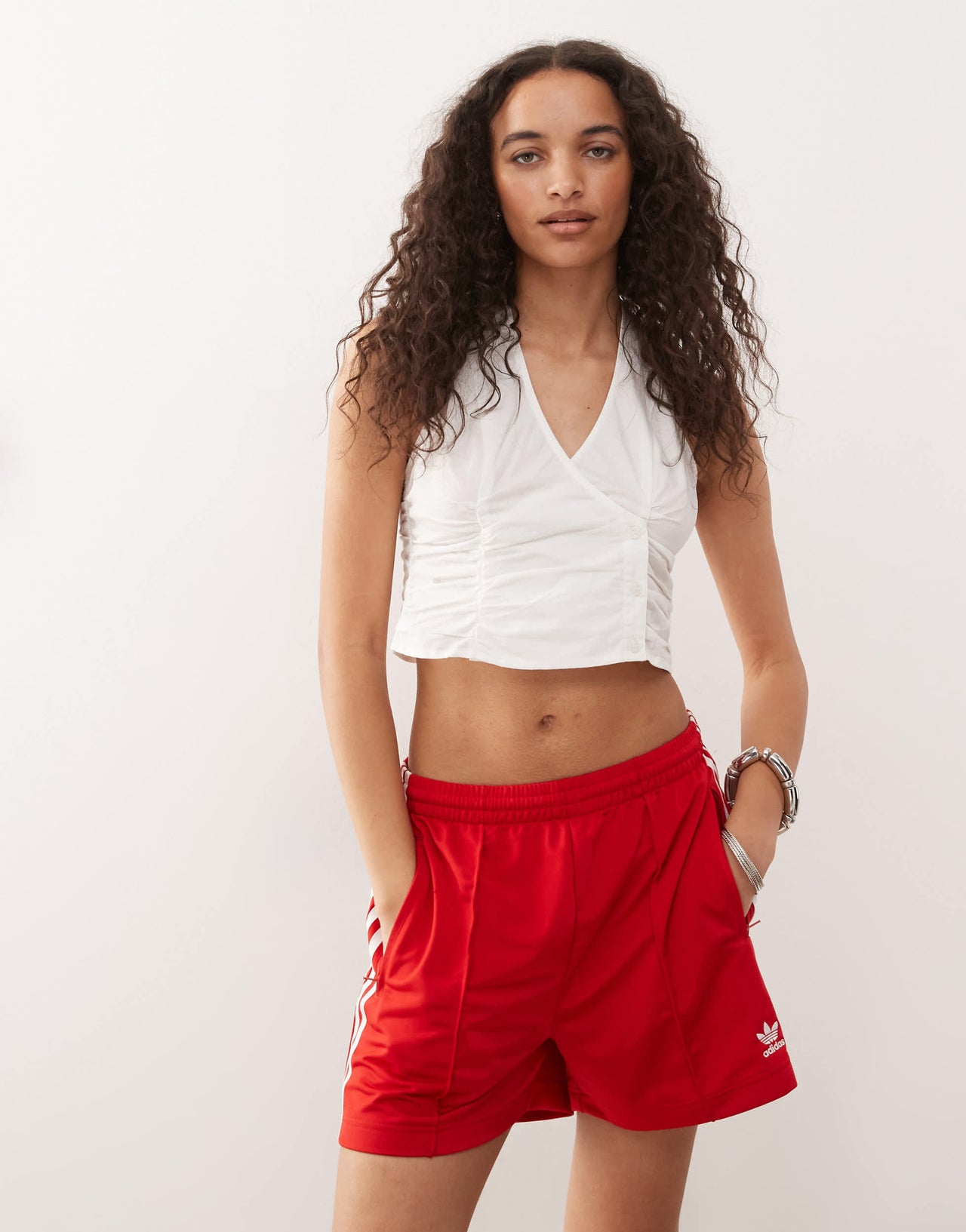 Monki halter neck wrap top with ruched sides in white