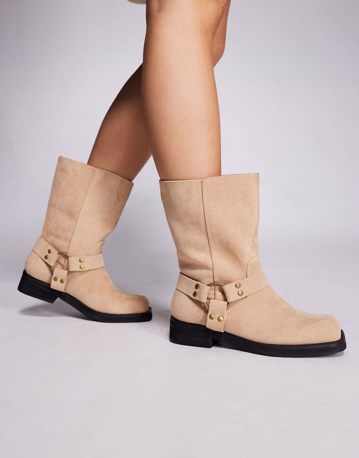 Public Desire Wide Fit Sienna biker boots in sand faux suede