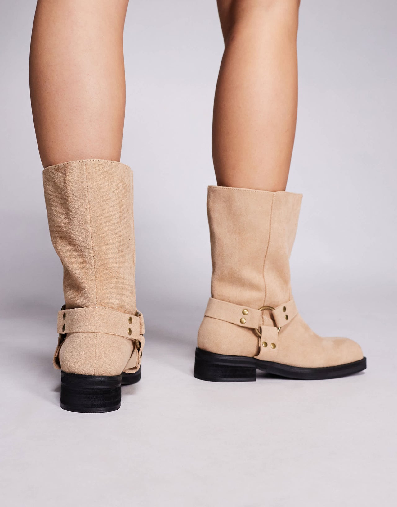 Public Desire Wide Fit Sienna biker boots in sand faux suede