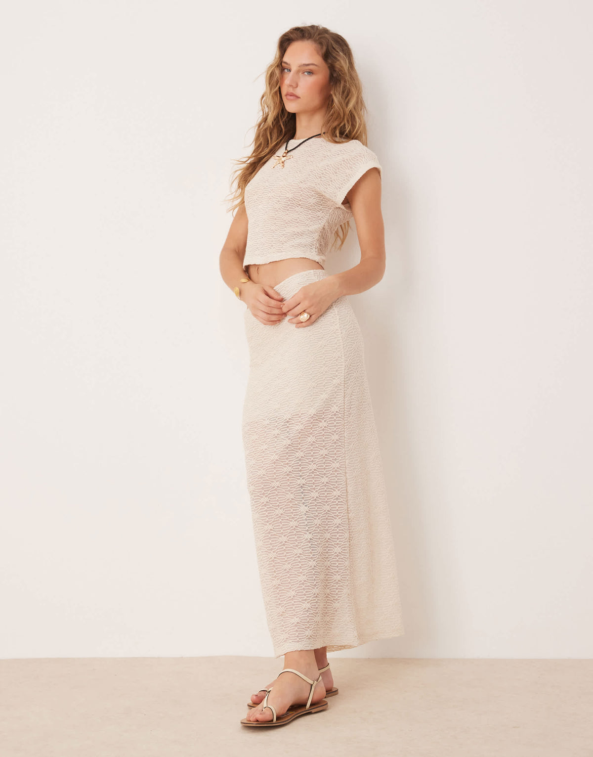 ASOS DESIGN co-ord semi sheer grown on sleeve textured crop top in beige