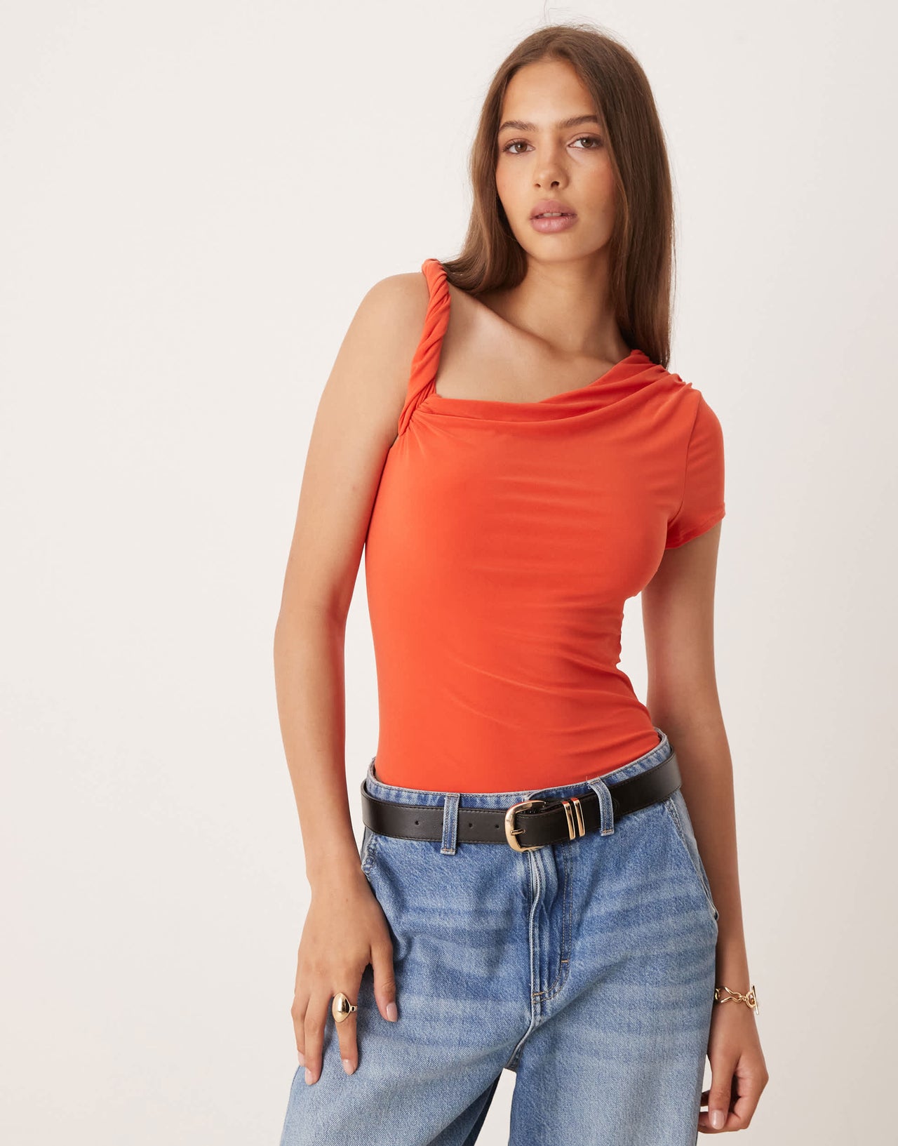 ASOS DESIGN draped twist shoulder cut out short sleeve bodysuit in orange
