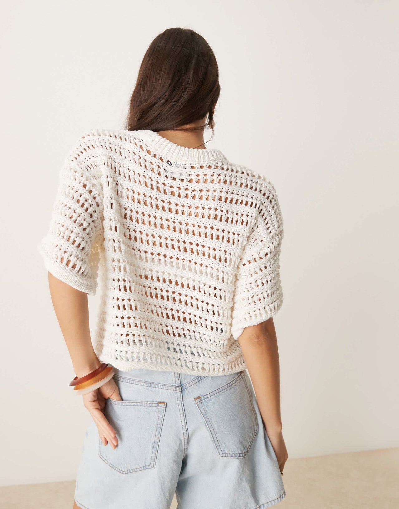 ASOS DESIGN relaxed short sleeve t-shirt in mock crochet stitch in cream