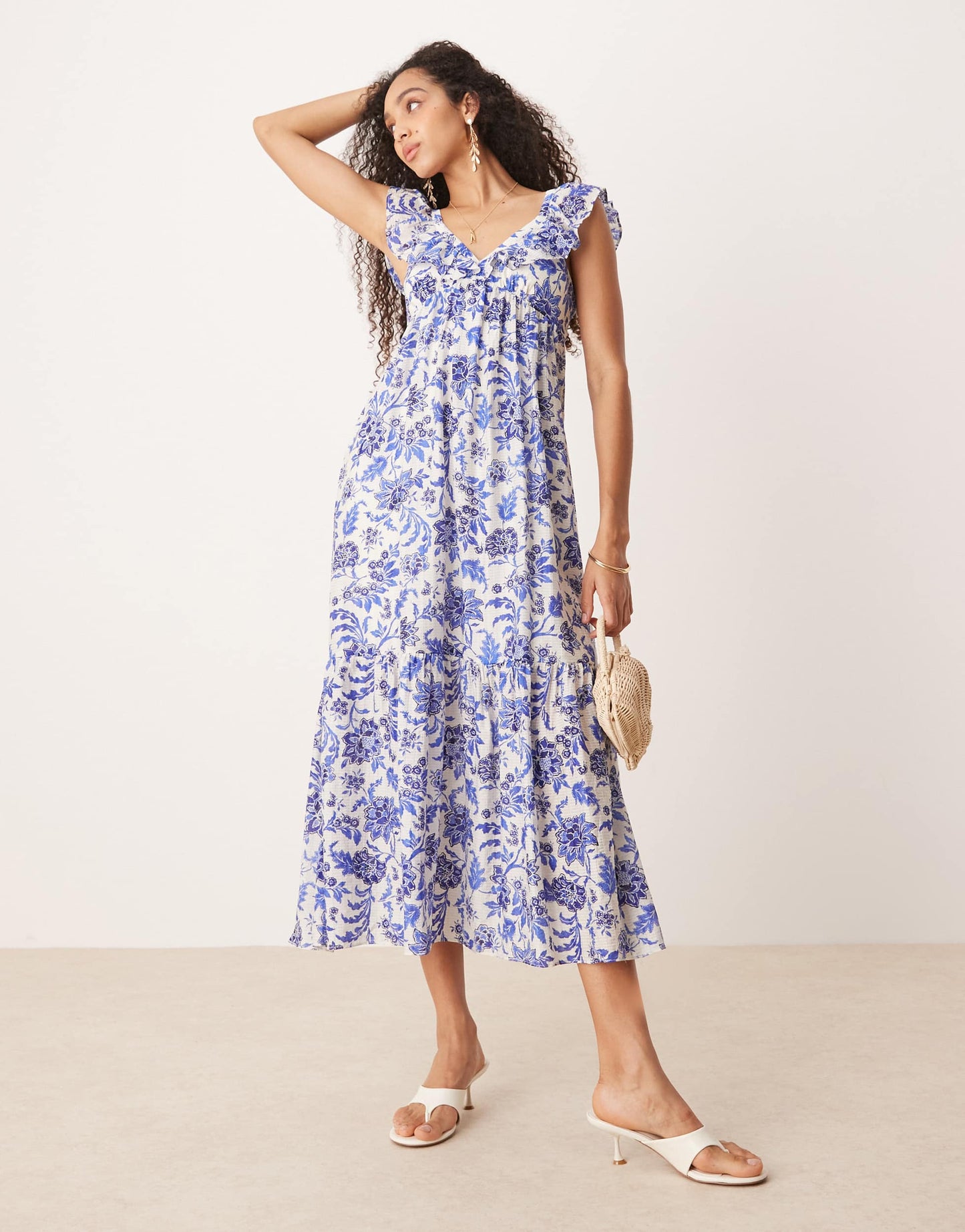 Mango ruffle sleeve midi dress in blue botanical print