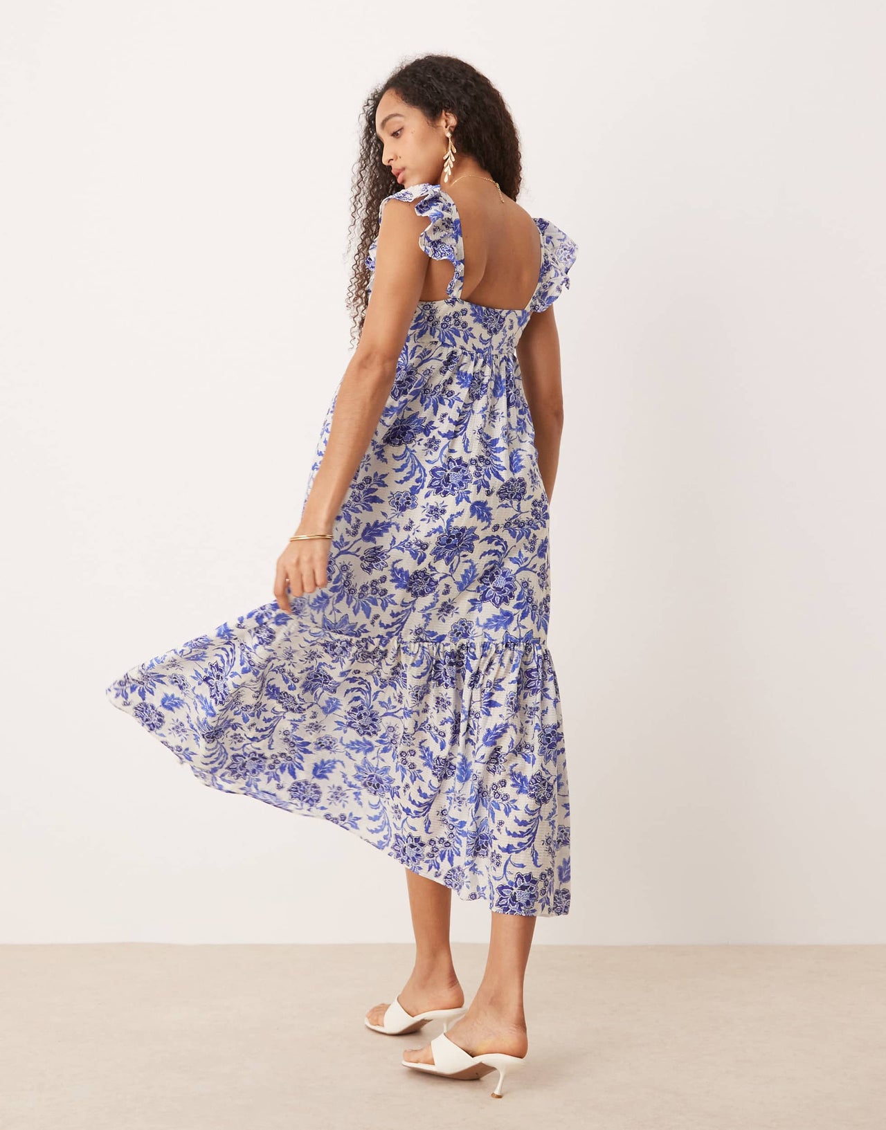 Mango ruffle sleeve midi dress in blue botanical print
