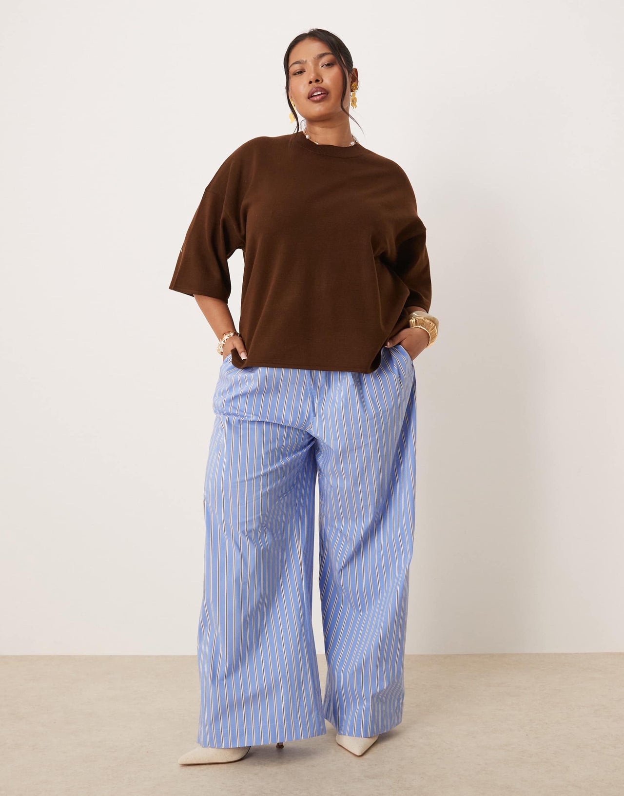 Nobody's Child Plus Shona straight leg trousers in blue and white stripe