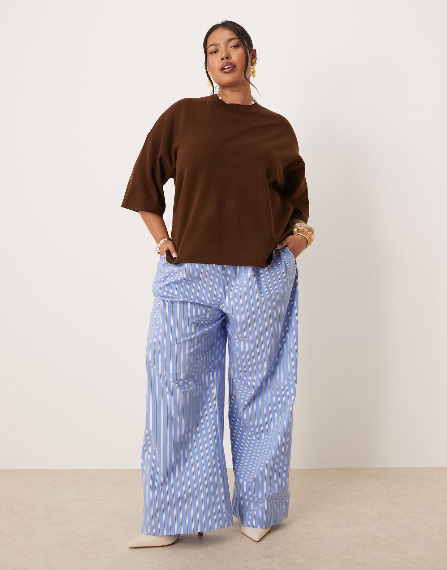 Nobody's Child Plus Shona straight leg trousers in blue and white stripe