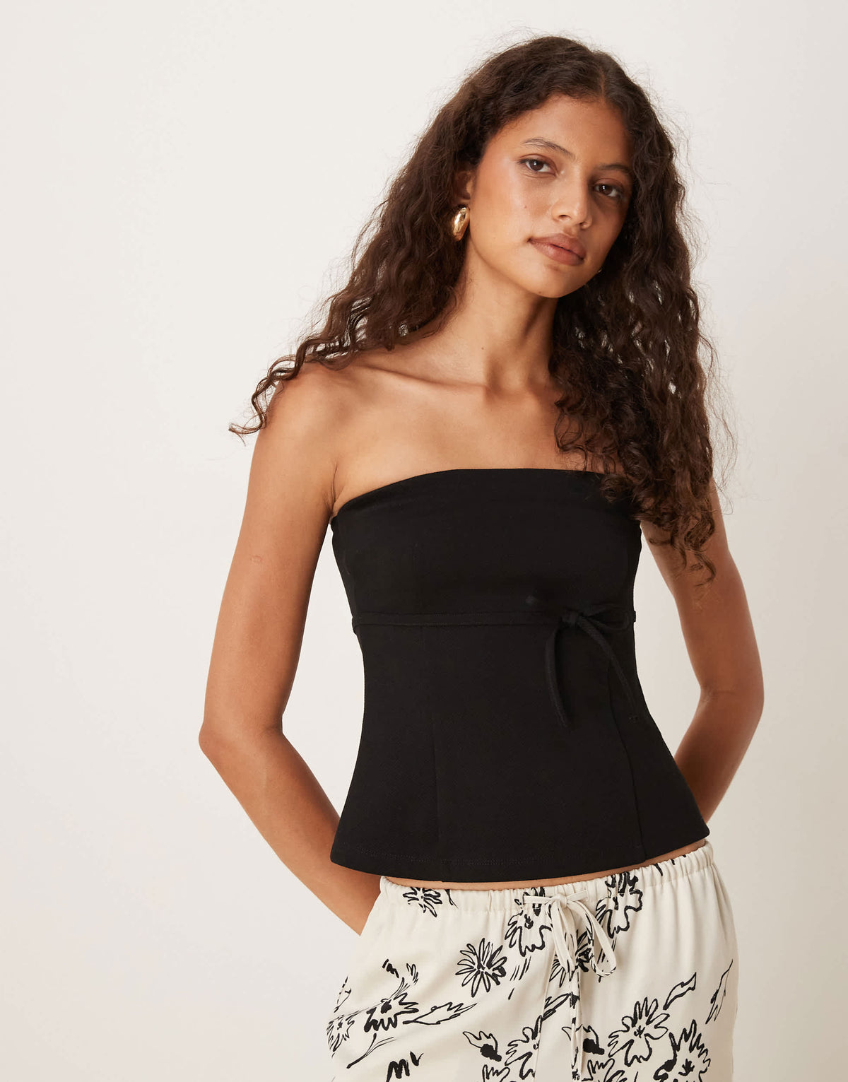 ASOS DESIGN jersey twill tie waist bandeau top in black