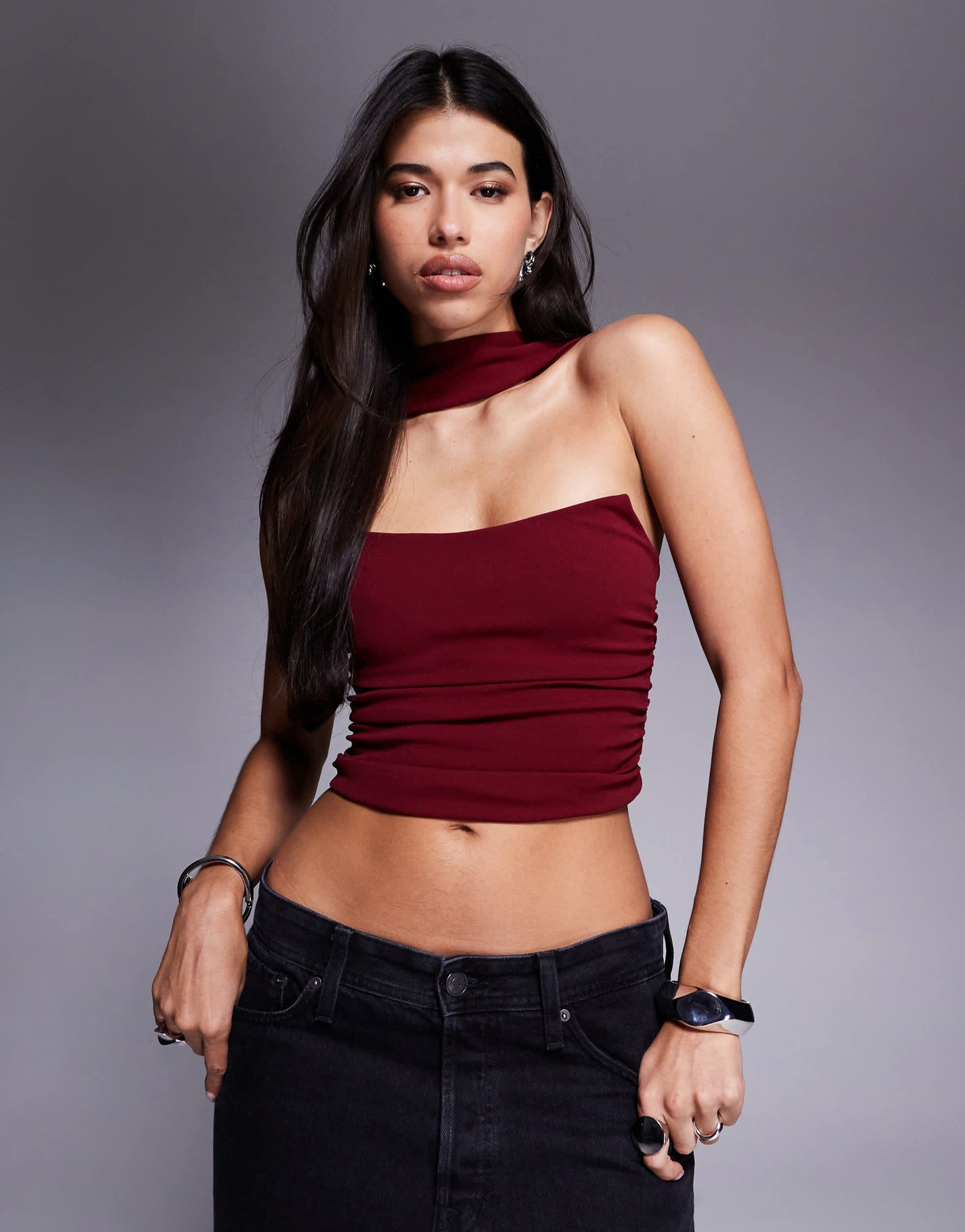 ASOS DESIGN bandeau top with scarf neck detail in burgundy