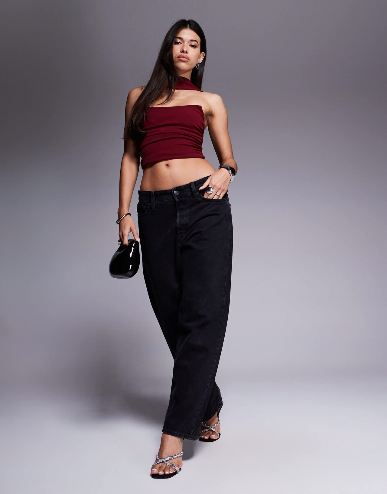 ASOS DESIGN bandeau top with scarf neck detail in burgundy