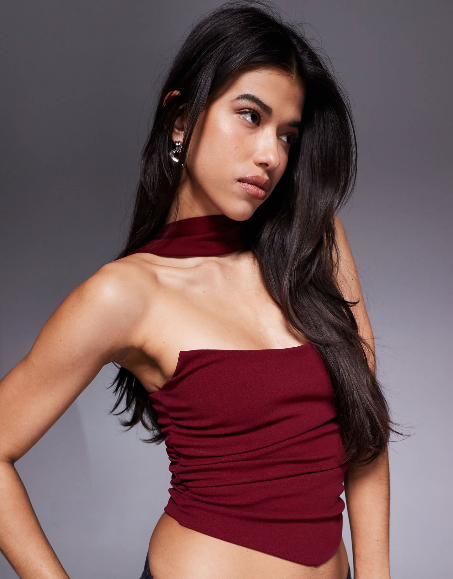 ASOS DESIGN bandeau top with scarf neck detail in burgundy