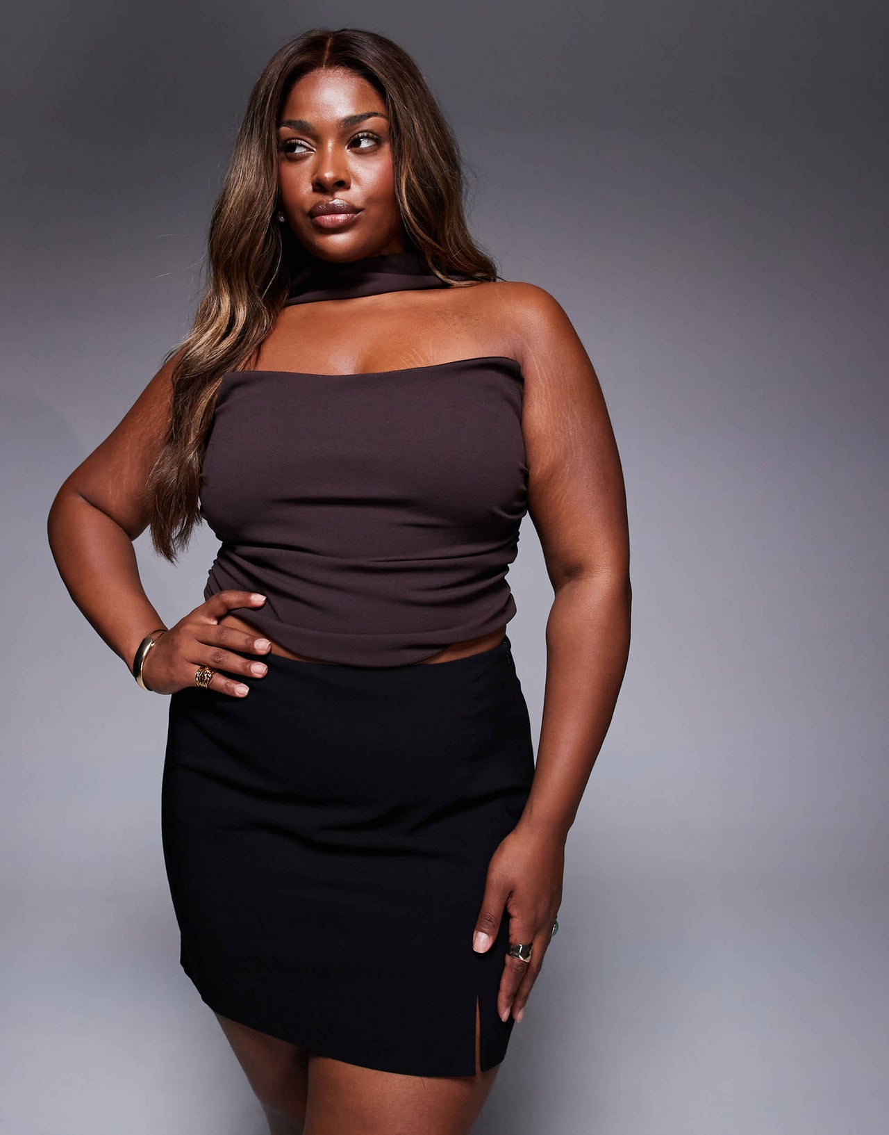 ASOS DESIGN Curve  bandeau top with scarf neck detail in chocolate