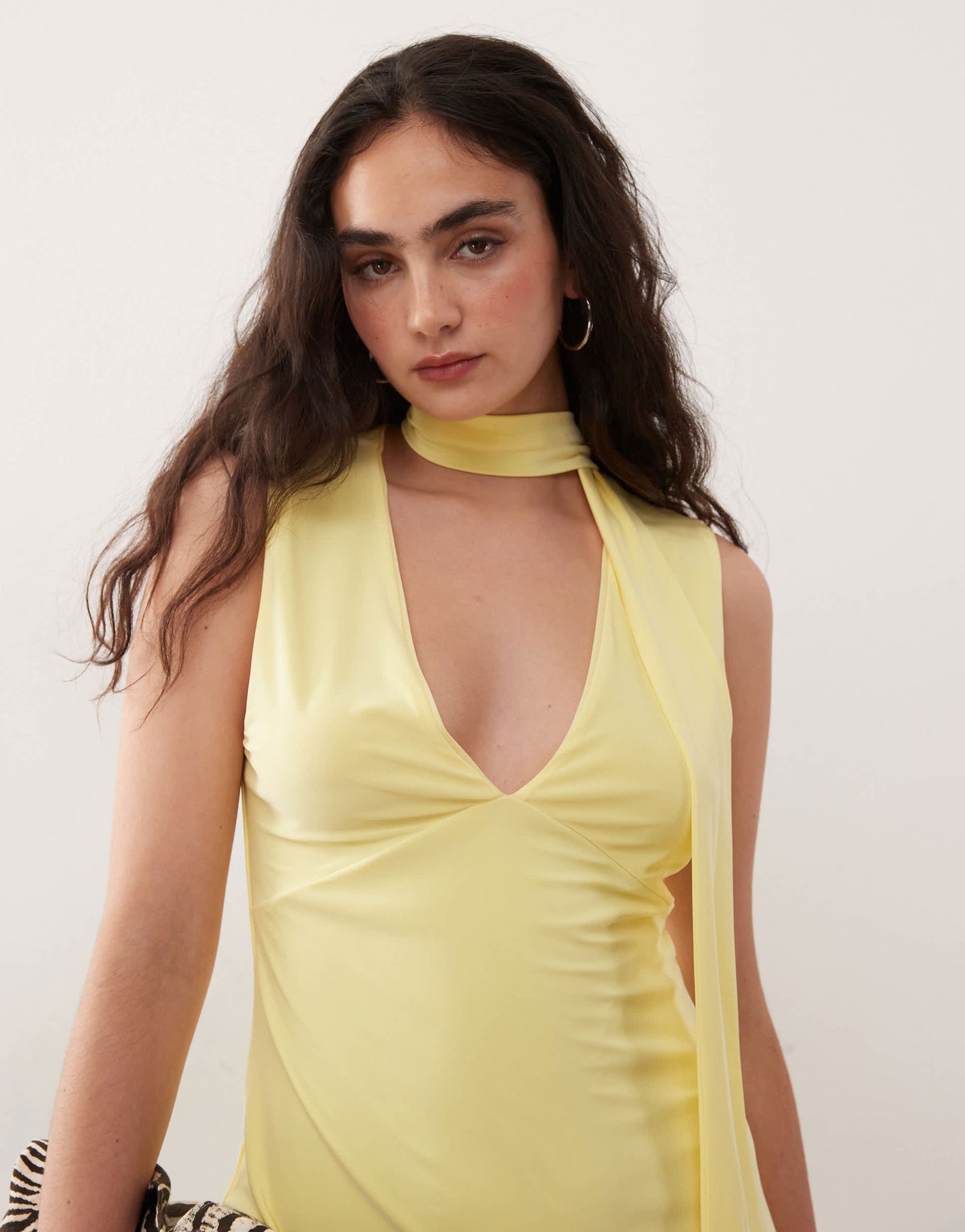 Reclaimed Vintage soft touch v-neck dress with scarf in yellow