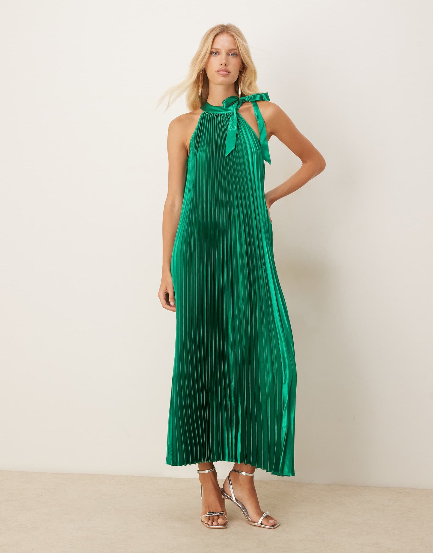 Vila halter neck vertical pleat midi dress in emerald green