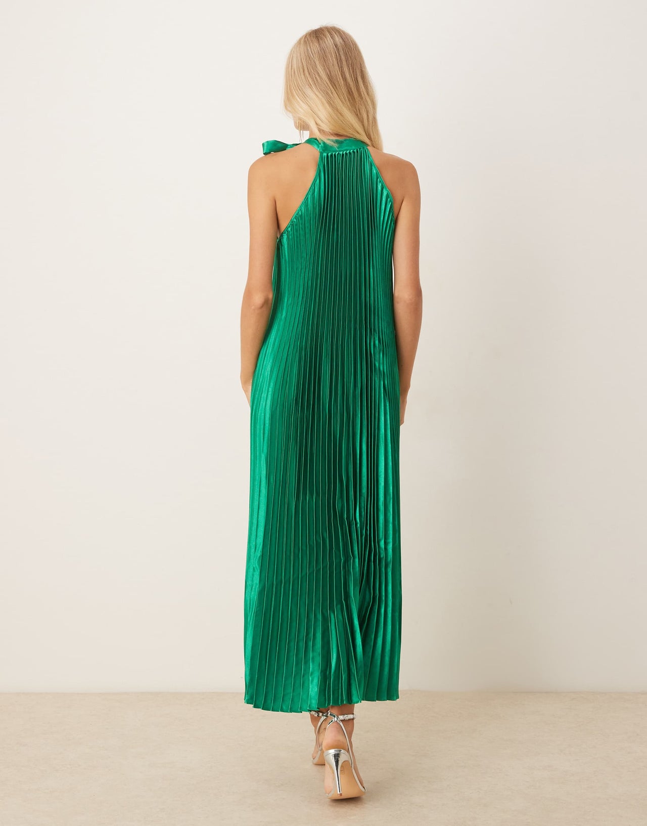 Vila halter neck vertical pleat midi dress in emerald green