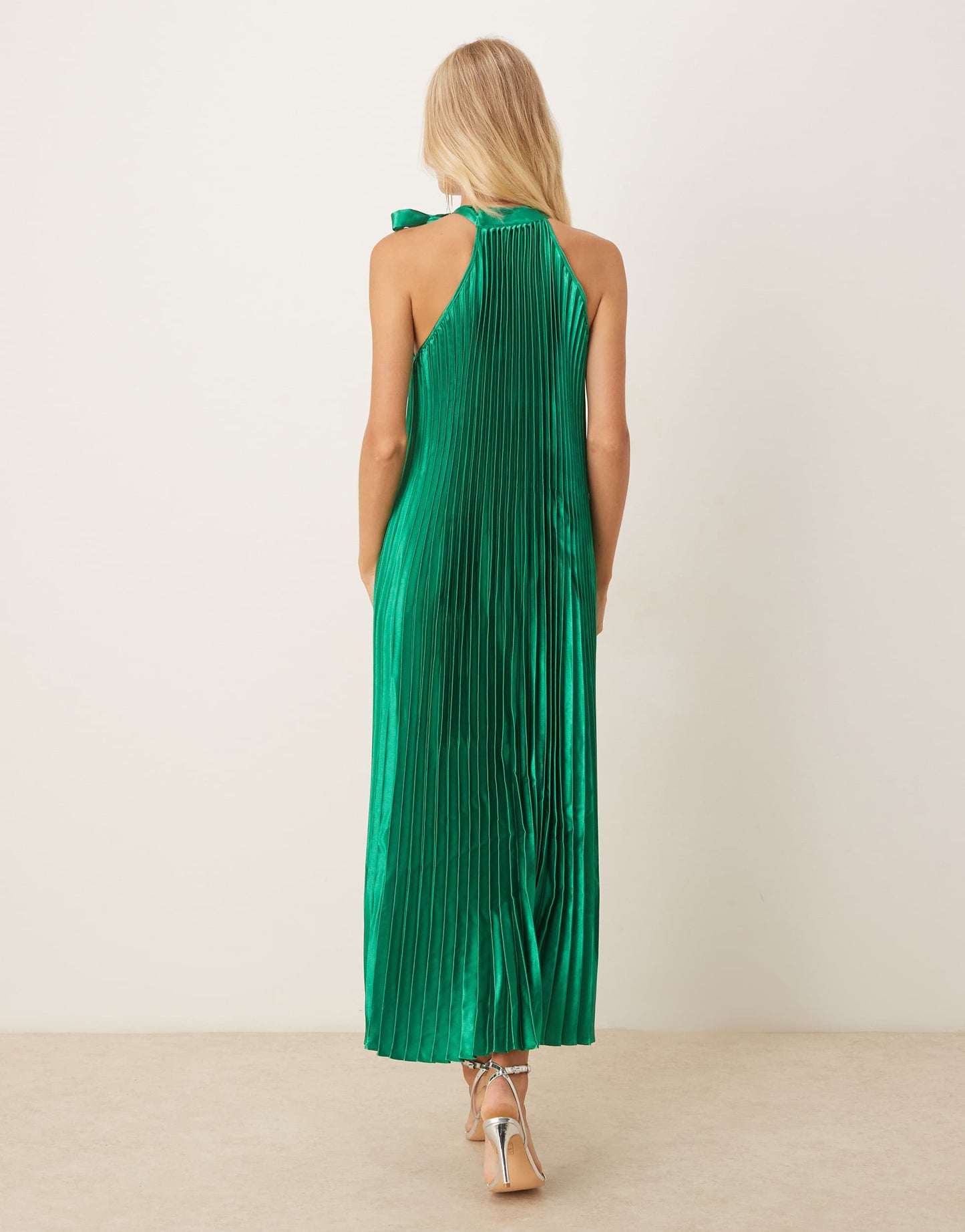 Vila halter neck vertical pleat midi dress in emerald green