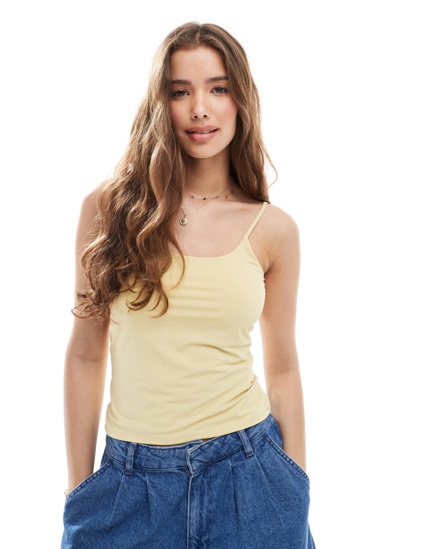 Pull&Bear polyamide sculpt strappy cami top in pale yellow