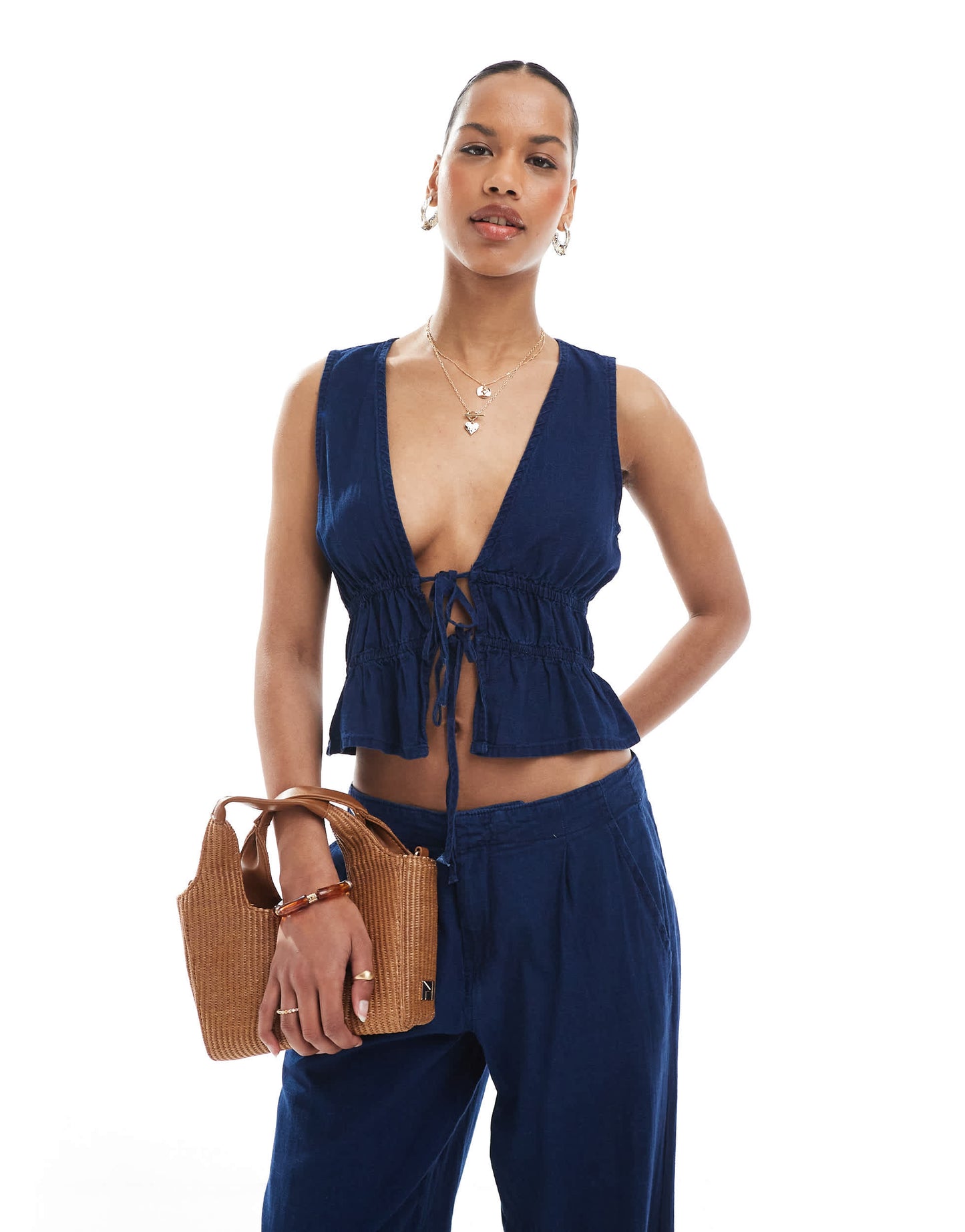 Pull&Bear tie detail denim top co-ord in dark blue rinse