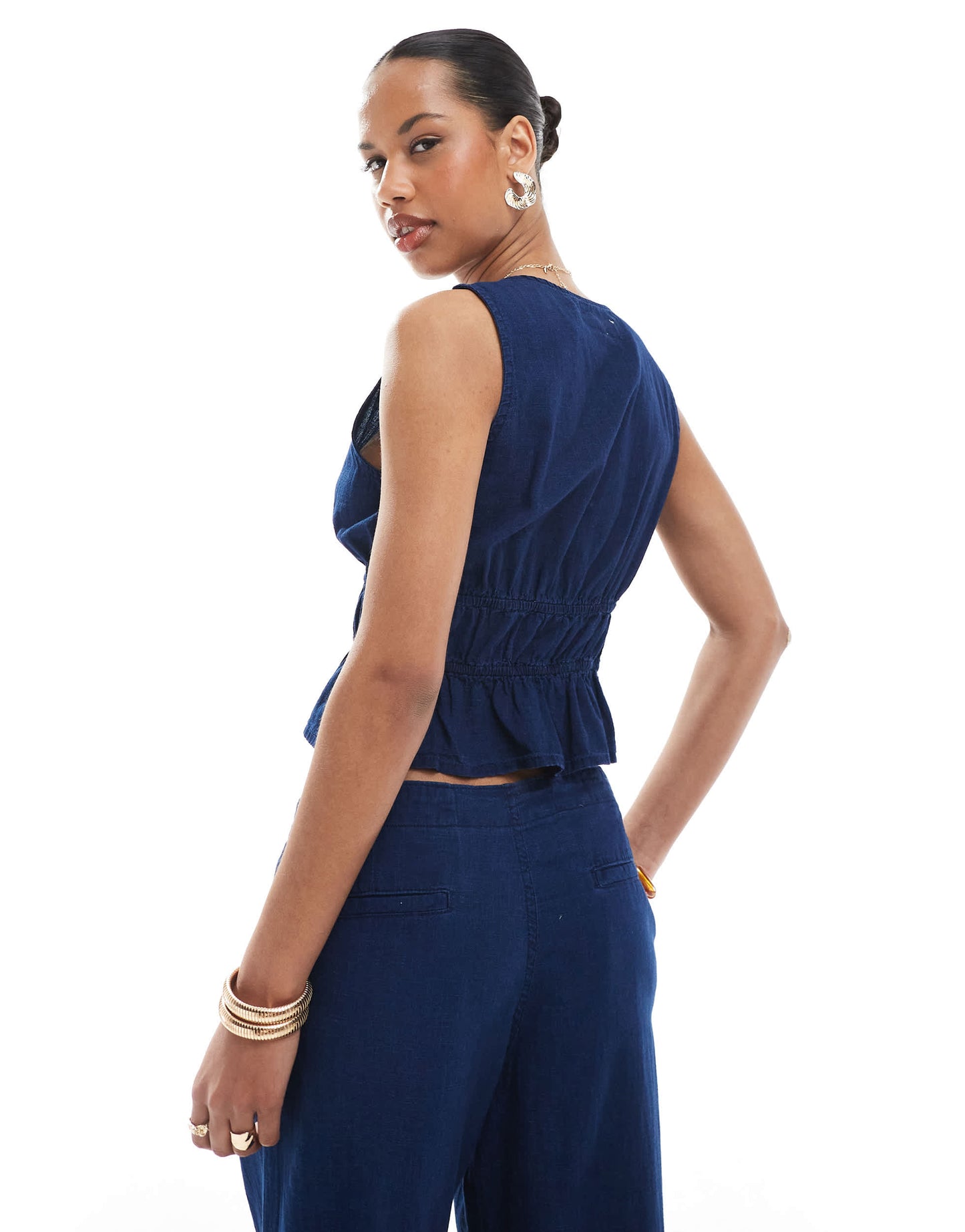 Pull&Bear tie detail denim top co-ord in dark blue rinse