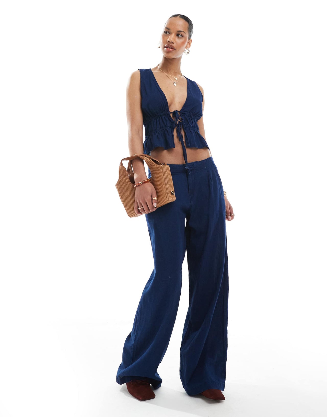 Pull&Bear tie detail denim top co-ord in dark blue rinse