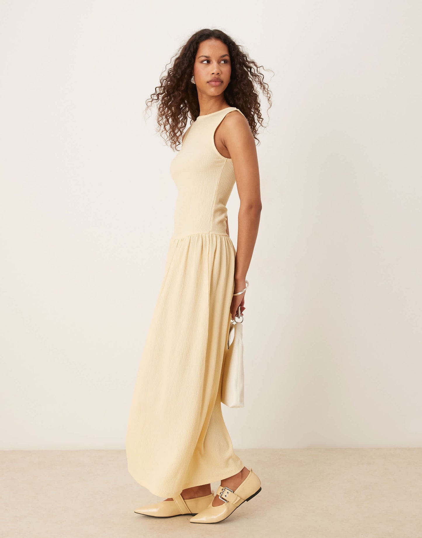 ASOS DESIGN textured maxi dress with dropped waist in buttermilk